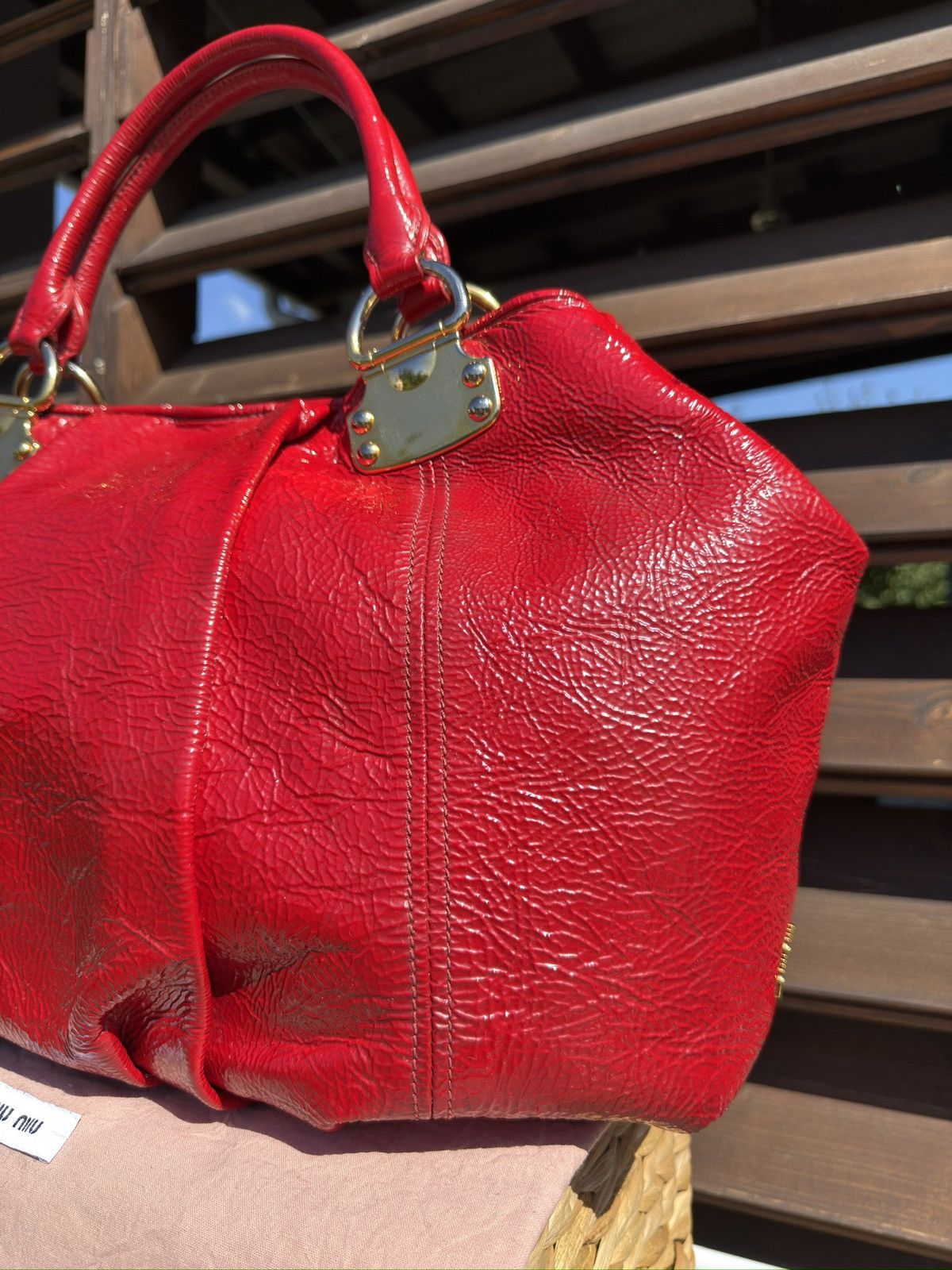 Miu Miu Miu Miu Crinkle Patent Leather Tote Rosso Red Hand Bag Size ONE SIZE - 13 Thumbnail
