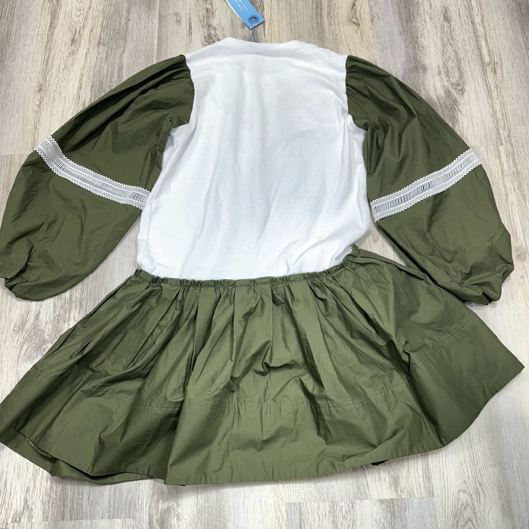 Tanya Taylor VINTAGE Tanya Taylor Kirstie Green & White Mini Dress Balloon Sleeve Peasant XS Green White Dress Womens XS Silk? Cotton? (Original says Cotton) Size XS / US 0-2 / IT 36-38 - 3 Thumbnail
