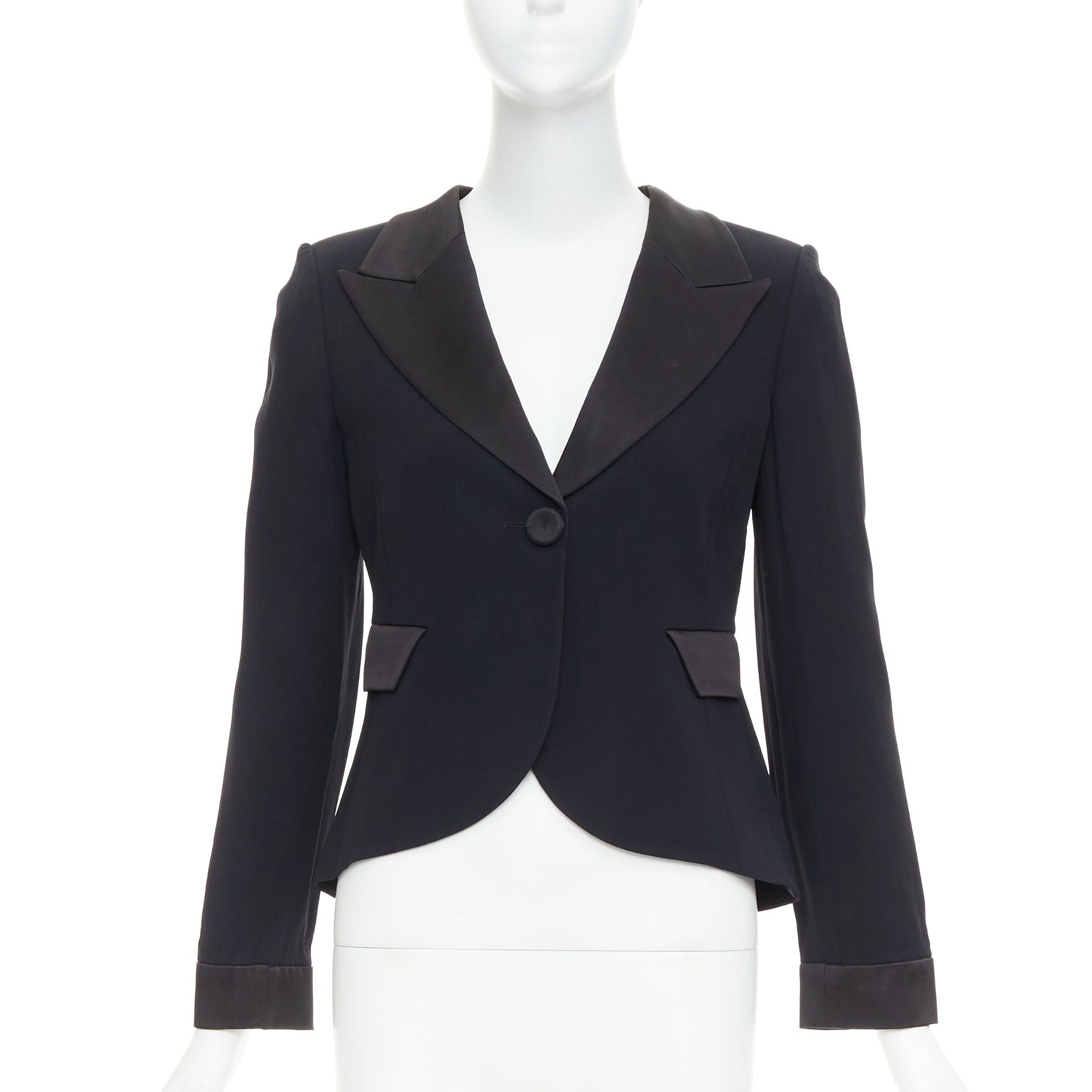 Emporio Armani EMPORIO ARMANI black satin peak lapel cropped tuxedo blazer IT40 S Size S / US 4 / IT 40 - 1 Thumbnail