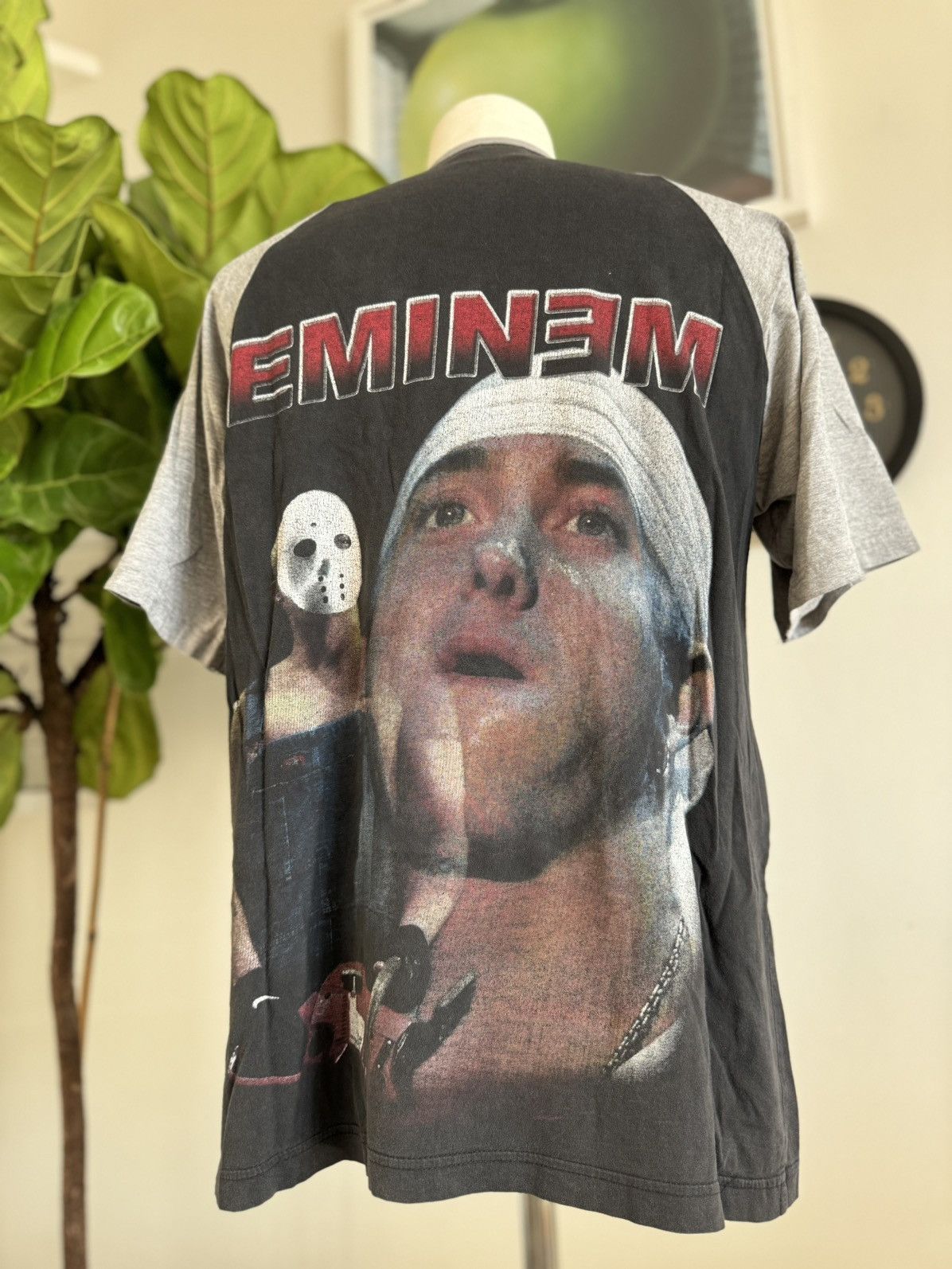 image of Band Tees x Rap Tees Vintage Early Y2K Bootleg Eminem Raglan Rap Tee in Faded Black/Gray (Size Larg