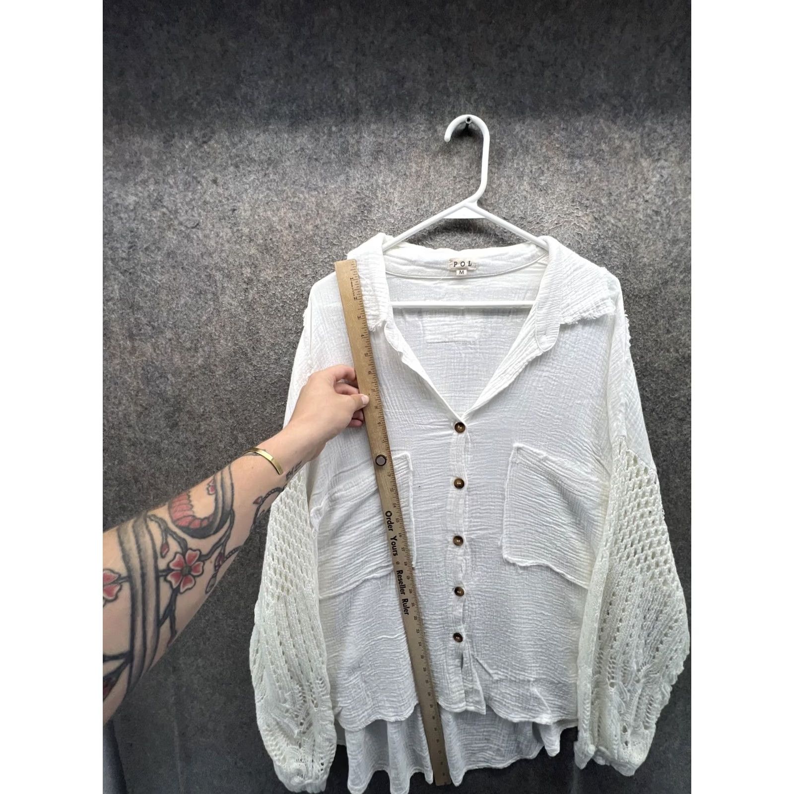 Vintage POL Tunic Blouse Womens M White Crochet Balloon Sleeve Button Front Top Size M / US 6-8 / IT 42-44 - 3 Thumbnail