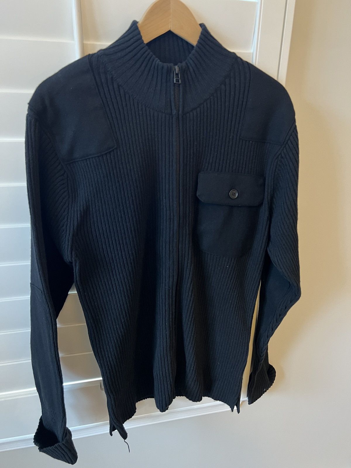 Yohji Yamamoto Yohji 7G Wool Cotton Rib Zip-up w Shoulder and Elbow Patches Size US S / EU 44-46 / 1 - 2 Thumbnail