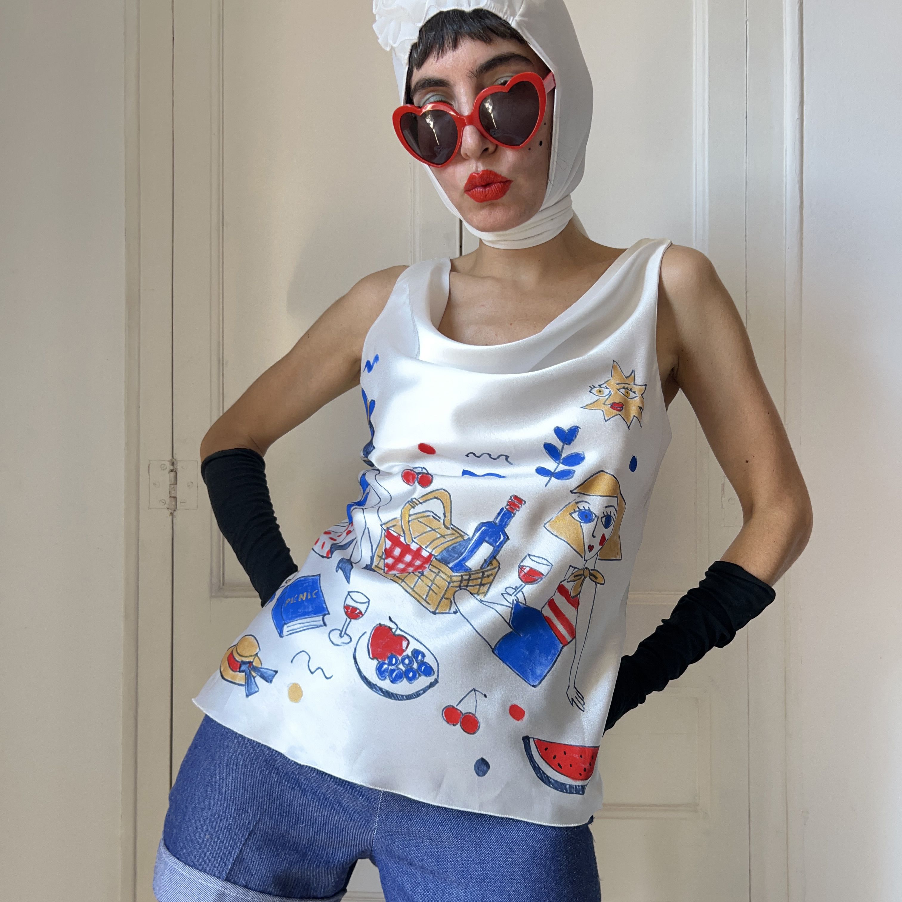 Custommade Hand Painted Picnic Satin Wearable Art Tank Top Size M / US 6-8 / IT 42-44 - 4 Thumbnail