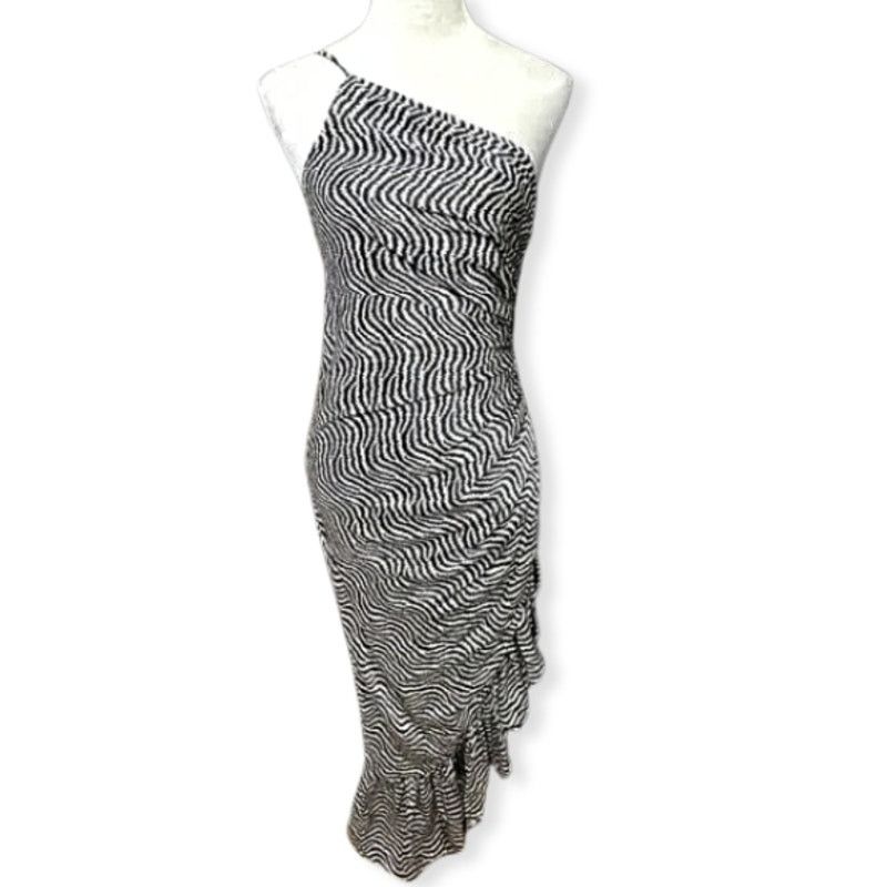 Cinq a Sept Cinq A Sept Midi Dress One Shoulder Silk Black/White 2 NWOT Size XS / US 0-2 / IT 36-38 - 2 Thumbnail