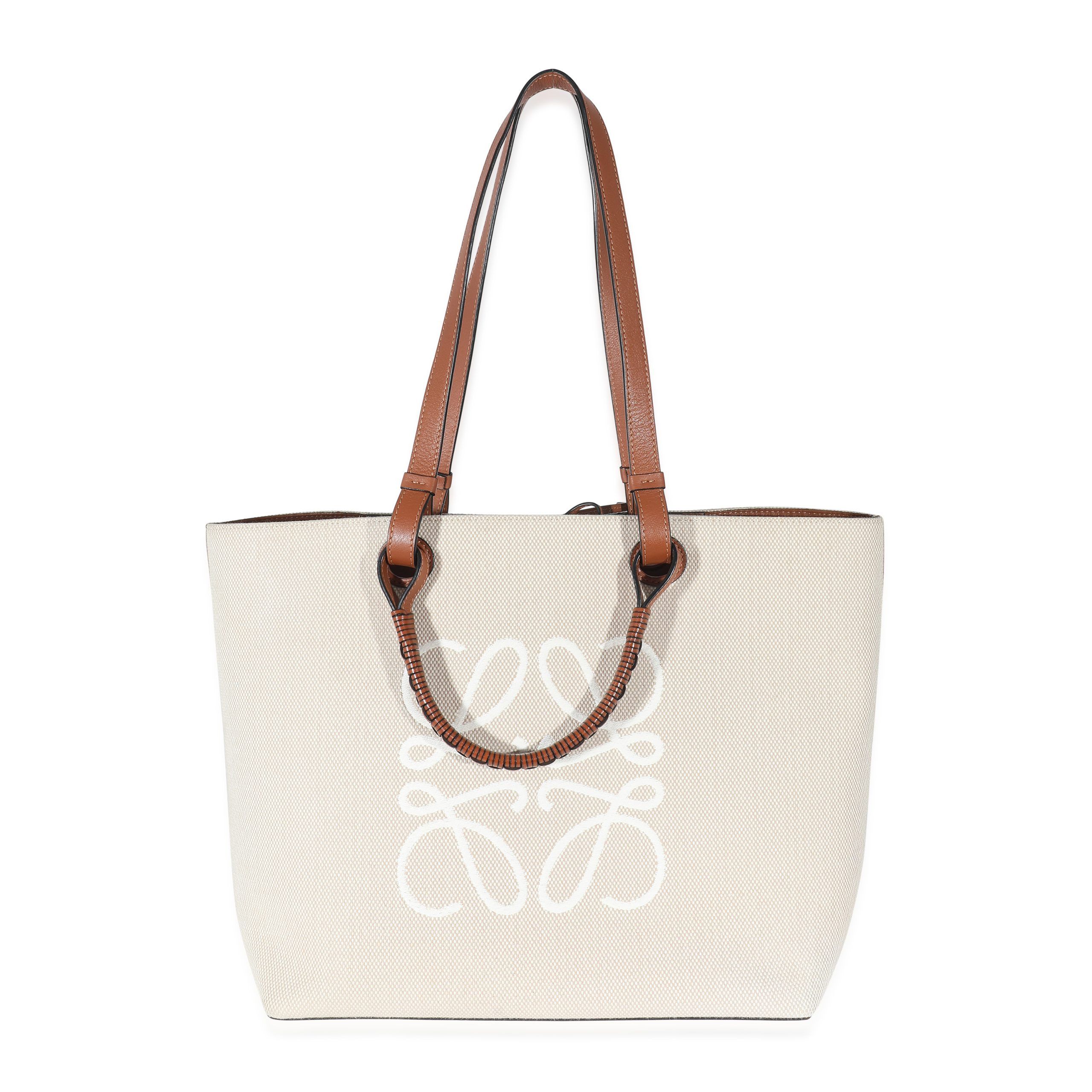image of Loewe Tan Calfskin & Ecru Jacquard Medium Anagram Tote, Women's
