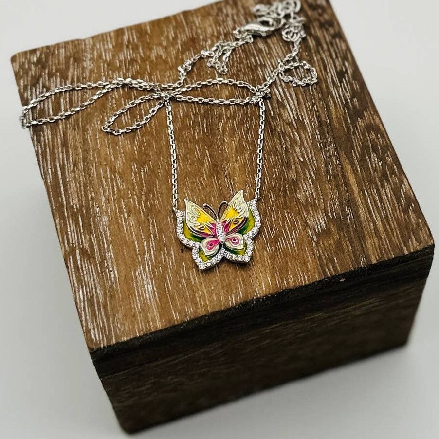 The Unbranded Brand Butterfly CZ Enamel Sterling Silver Necklace Size ONE SIZE - 1 Thumbnail