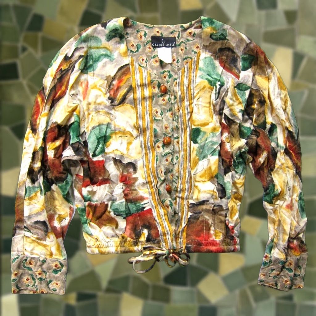 Vintage Vintage Carole Little Blouse Shirt 4 Women Long Sleeve V-Neck Green Yellow Brown 100% Rayon Notes Size S / US 4 / IT 40 - 1 Thumbnail