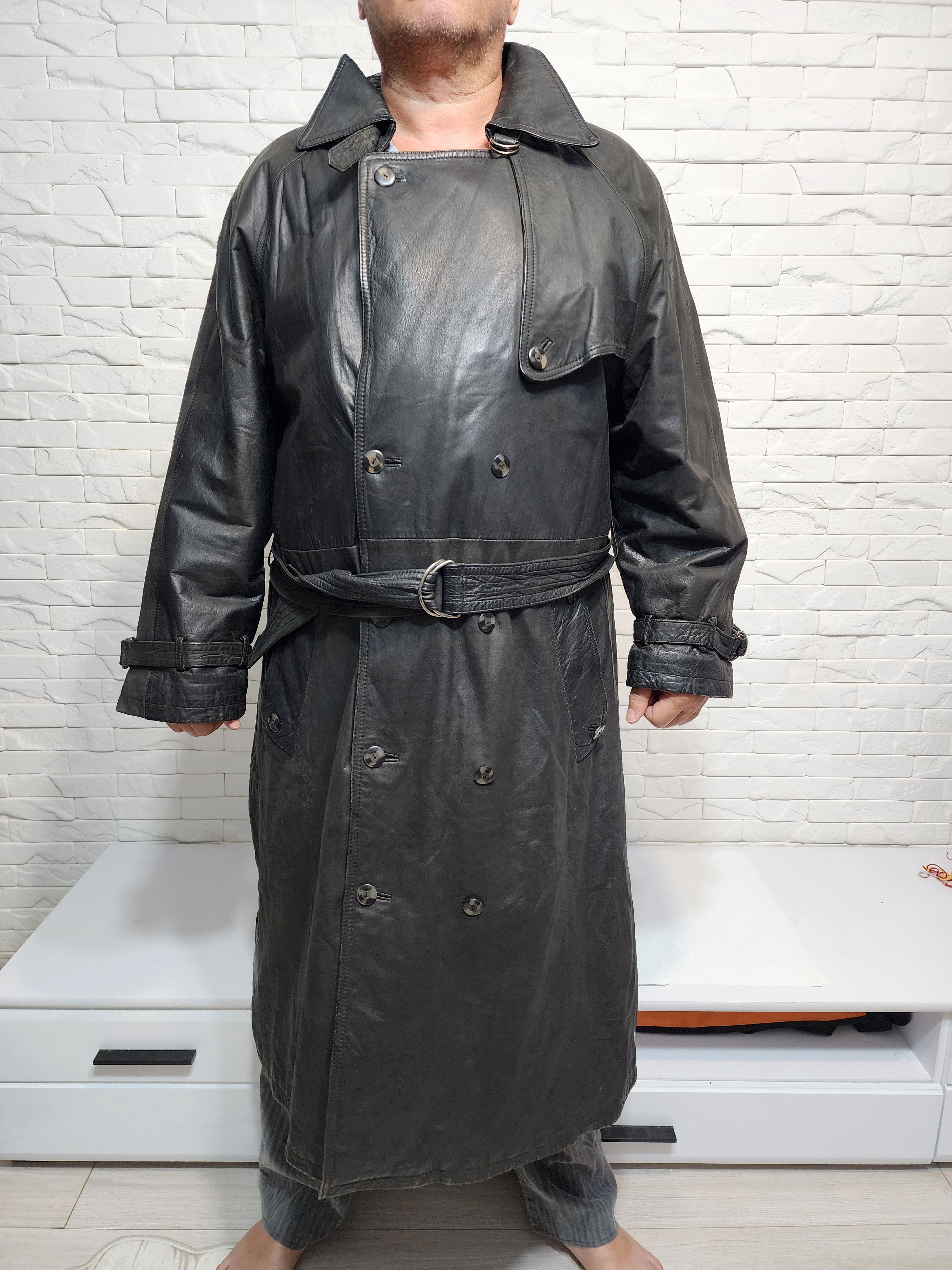 Designer Men's leather trench coat. Long leather men's coat. Size US XL / EU 56 / 4 - 2 Thumbnail