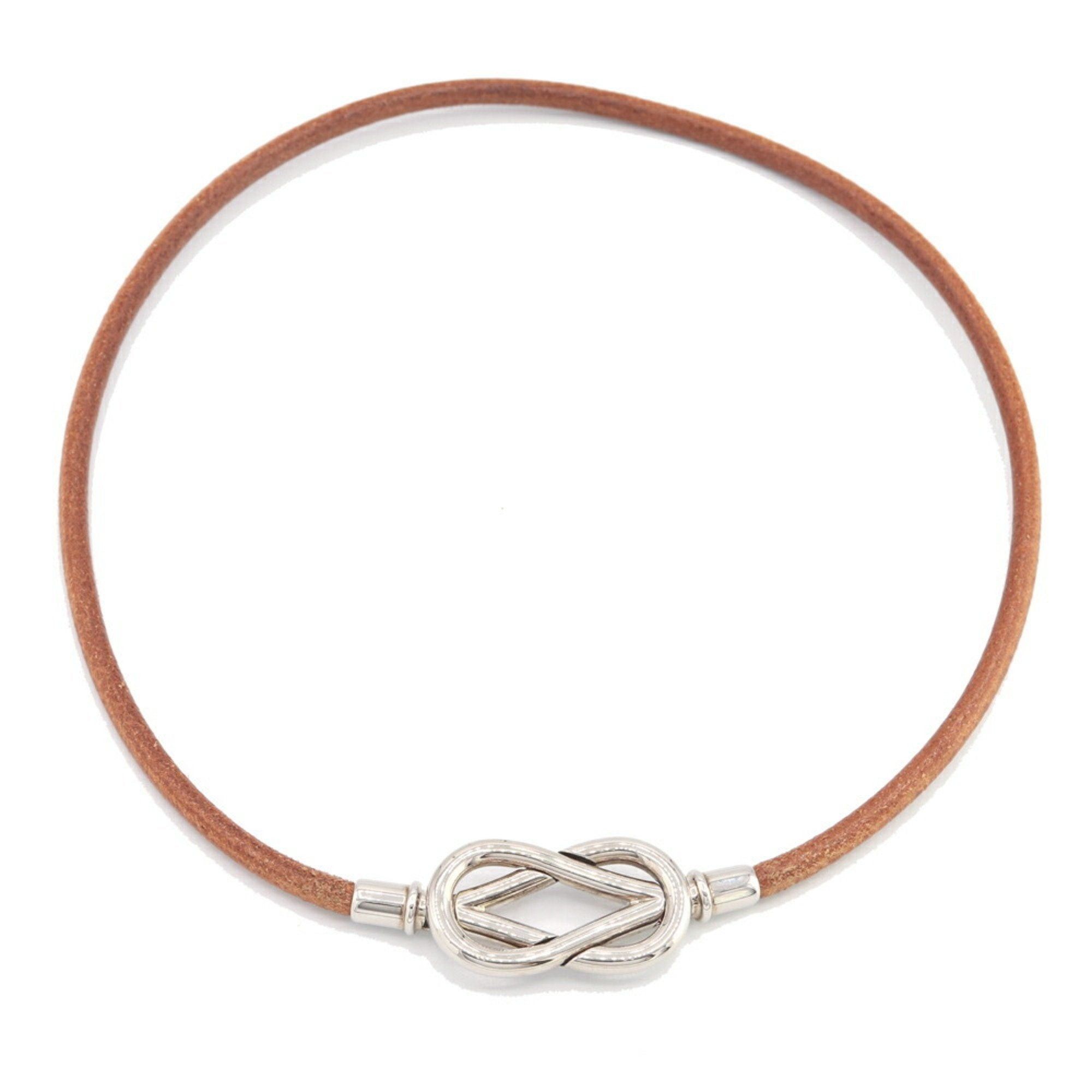 image of Hermes Choker Attachment Natural Silver Leather Metal Bangle Ladies Men's Bracelet Double