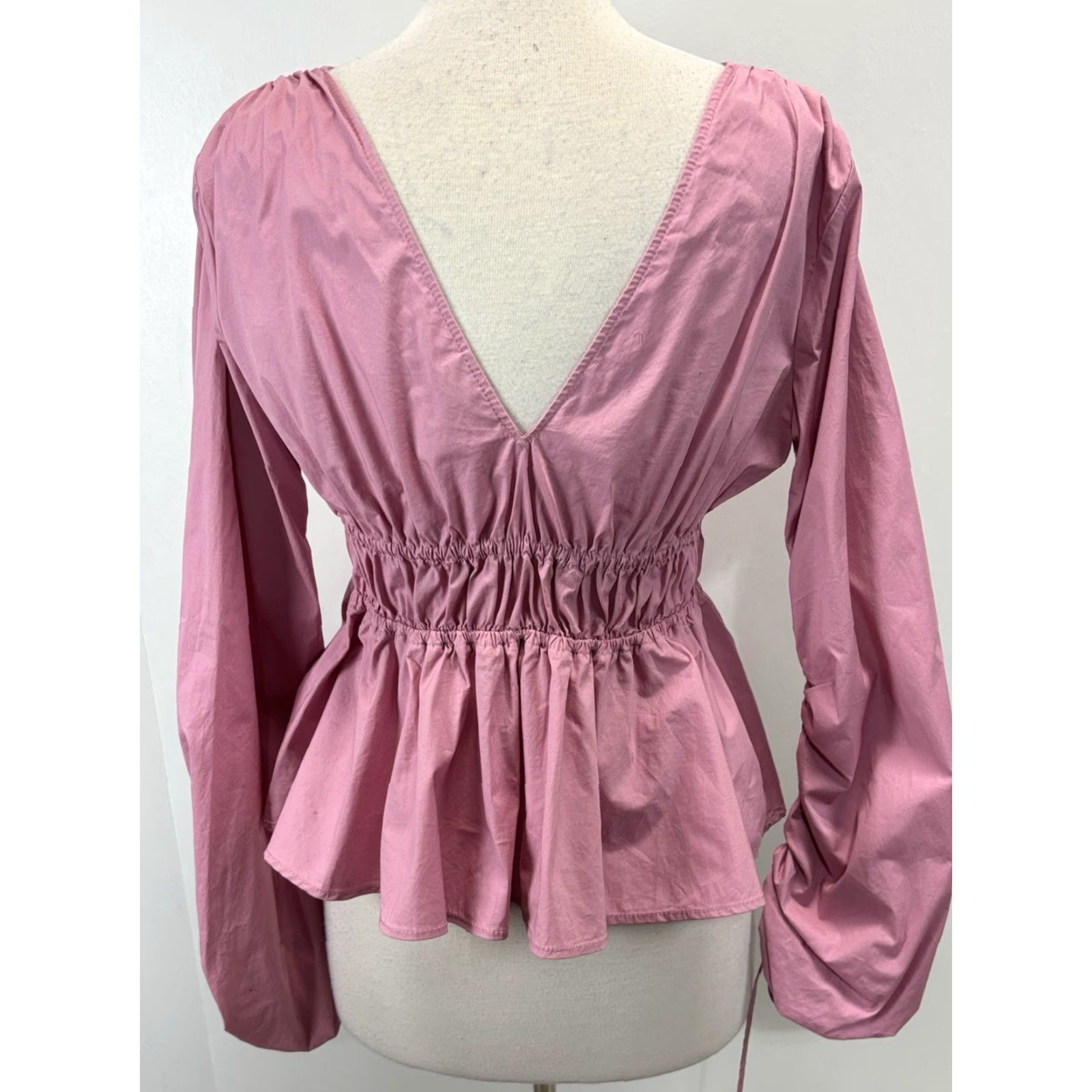 Staud STAUD Shelby Peplum Top Shirt Medium Pink Poplin 3/4 Sleeve V-Neck Blouse Womens Size M / US 6-8 / IT 42-44 - 3 Thumbnail