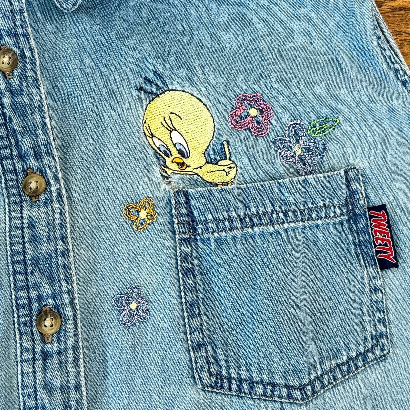 Vintage Vtg Looney Tunes Tweety Bird Flowers Denim Sleeveless Shirt Size 3XL / US 20-22 - 4 Thumbnail