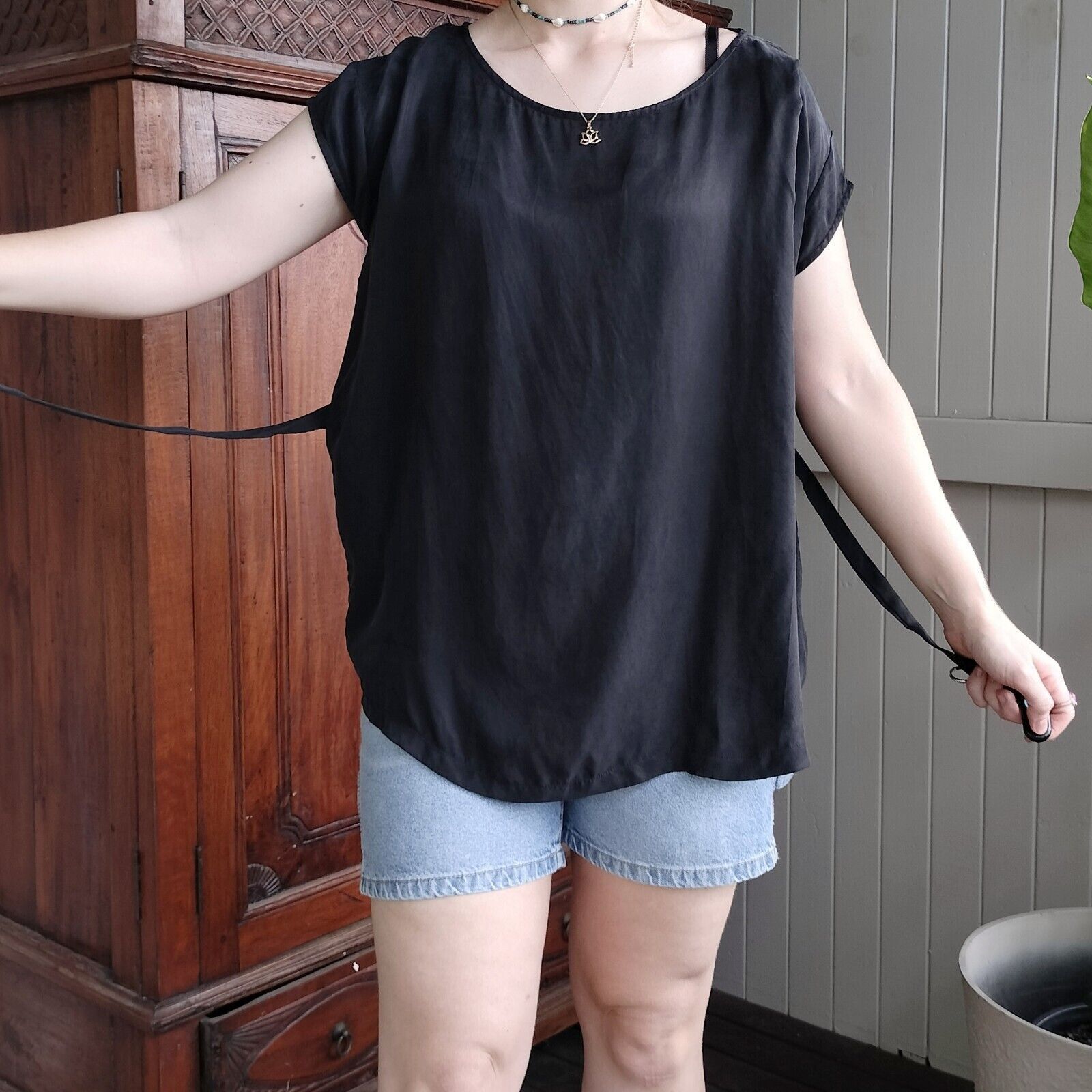 Japanese Brand Paqoda Blouse Short Sleeve Pleated Faux Suede Tie Waist Size ONE SIZE - 5 Thumbnail