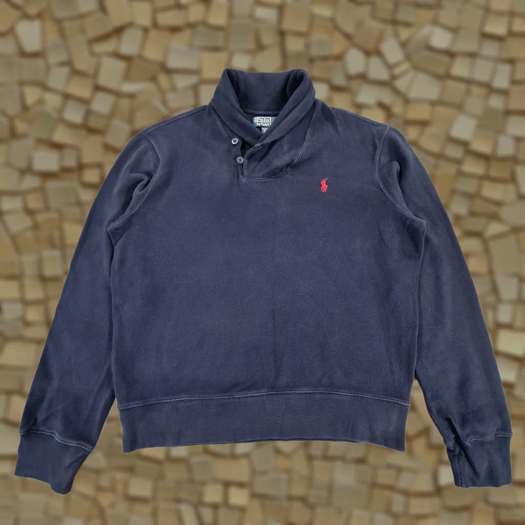 Polo Ralph Lauren VINTAGE Polo Ralph Lauren Jumper Mens Shawl Neck Navy Blue Large Cotton Pullover Knitted Logo Size US L / EU 52-54 / 3 - 1 Thumbnail