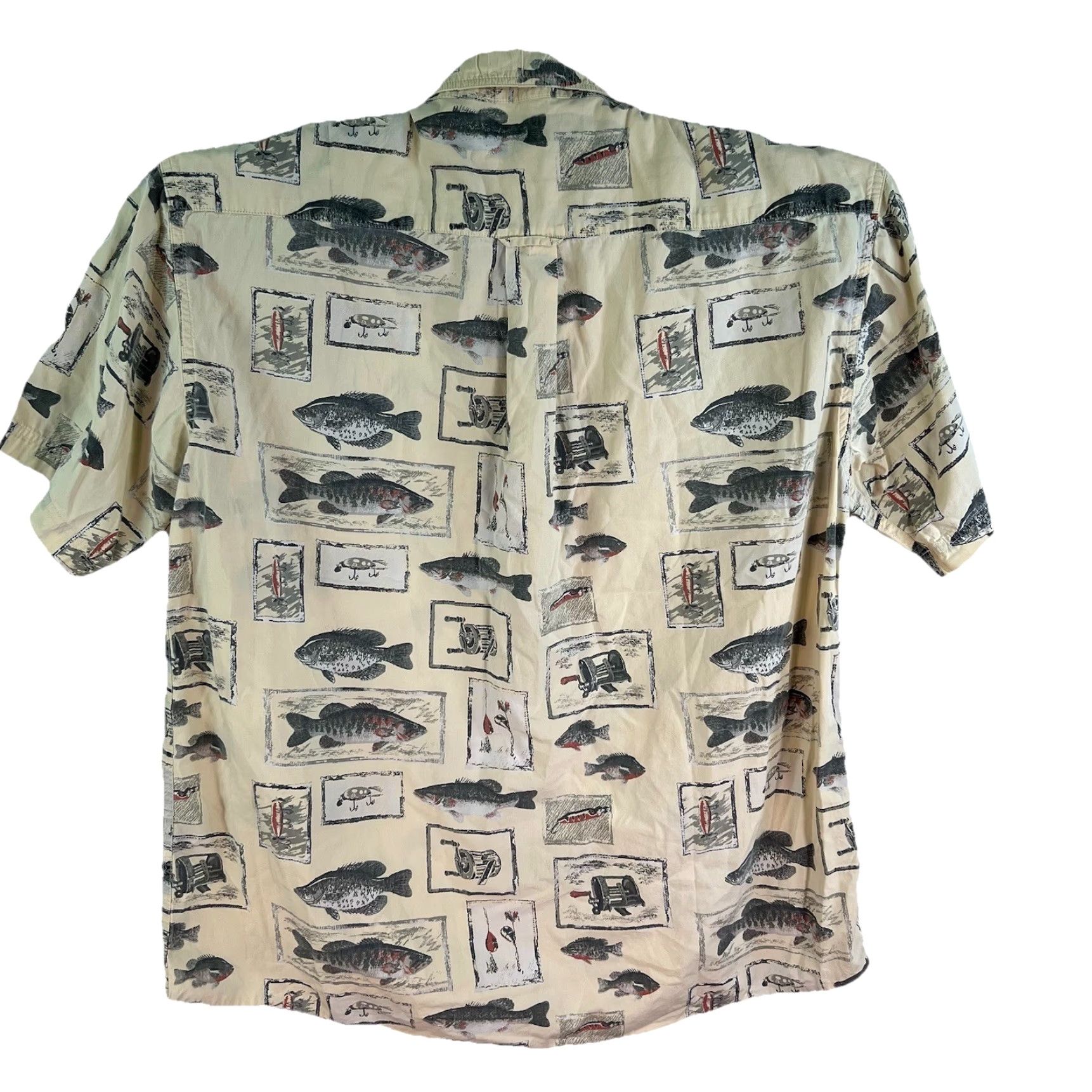 Vintage REEL LEGENDS Fish Camp Button-Up Shirt Men’s L Ivory Short Sleeve, Cotton Rayon Blend, Park/Travel, Pockets, Casual Wear, Fish Theme, 50" Chest, Mens Size US L / EU 52-54 / 3 - 6 Thumbnail