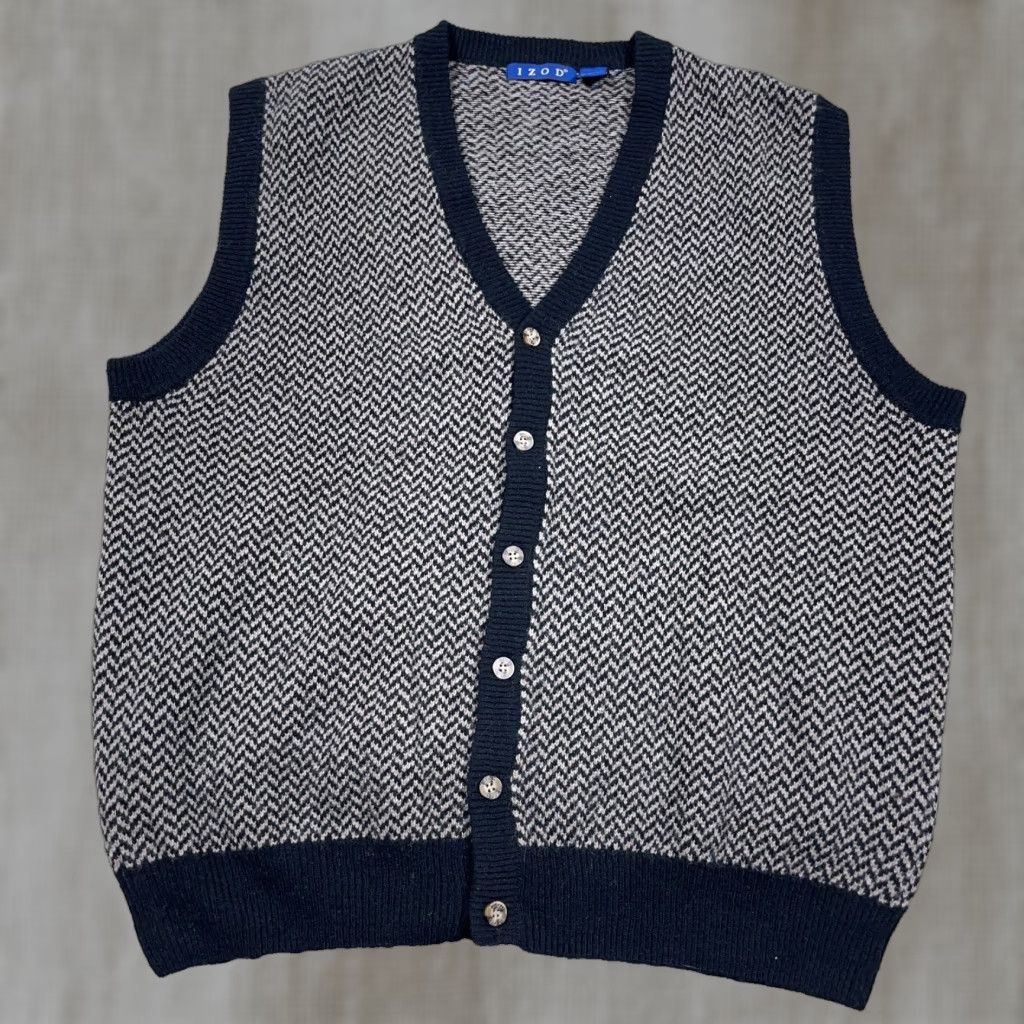 Izod VINTAGE IZOD Sweater Vest Men XL Tan Black Lambs Wool Cardigan Grandpa Golf Vest Herringbone 90s Mens Classic Golf Size US XL / EU 56 / 4 - 1 Thumbnail
