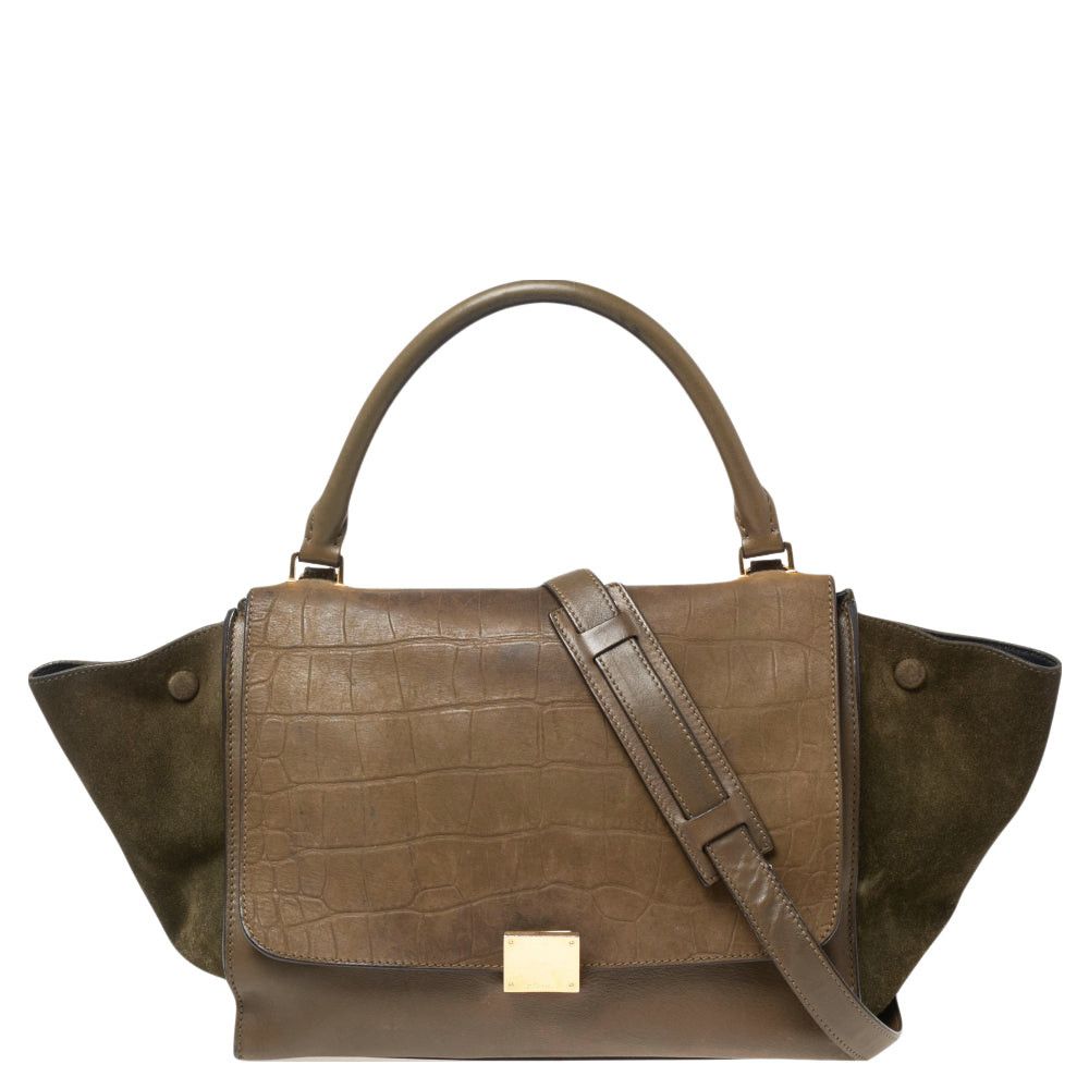 image of Celine Tri Color Leather And Suede Medium Trapeze Top Handle Bag in Black, Women's