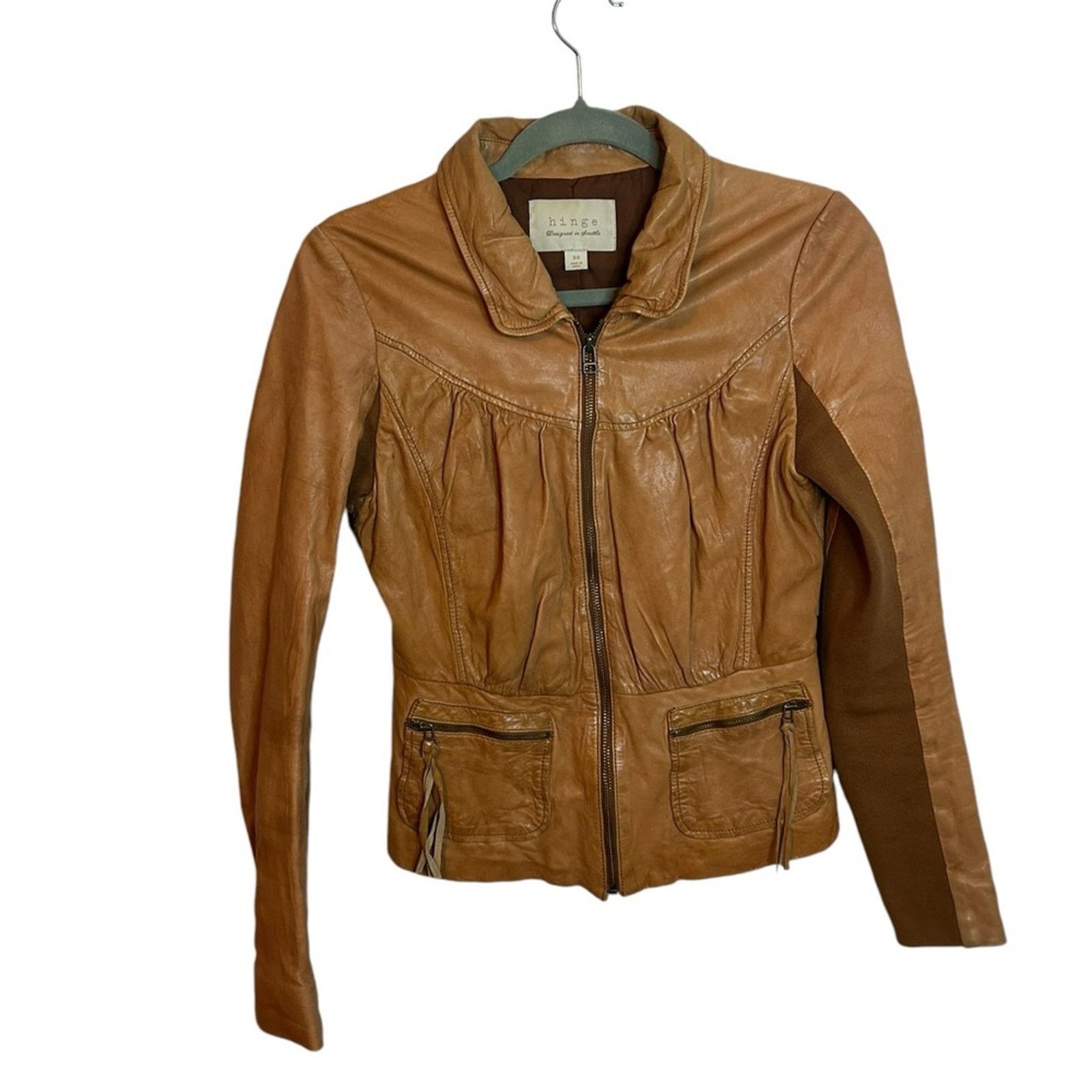 Other Hinge Tan Ruched Leather Jacket Size XS / US 0-2 / IT 36-38 - 1 Thumbnail