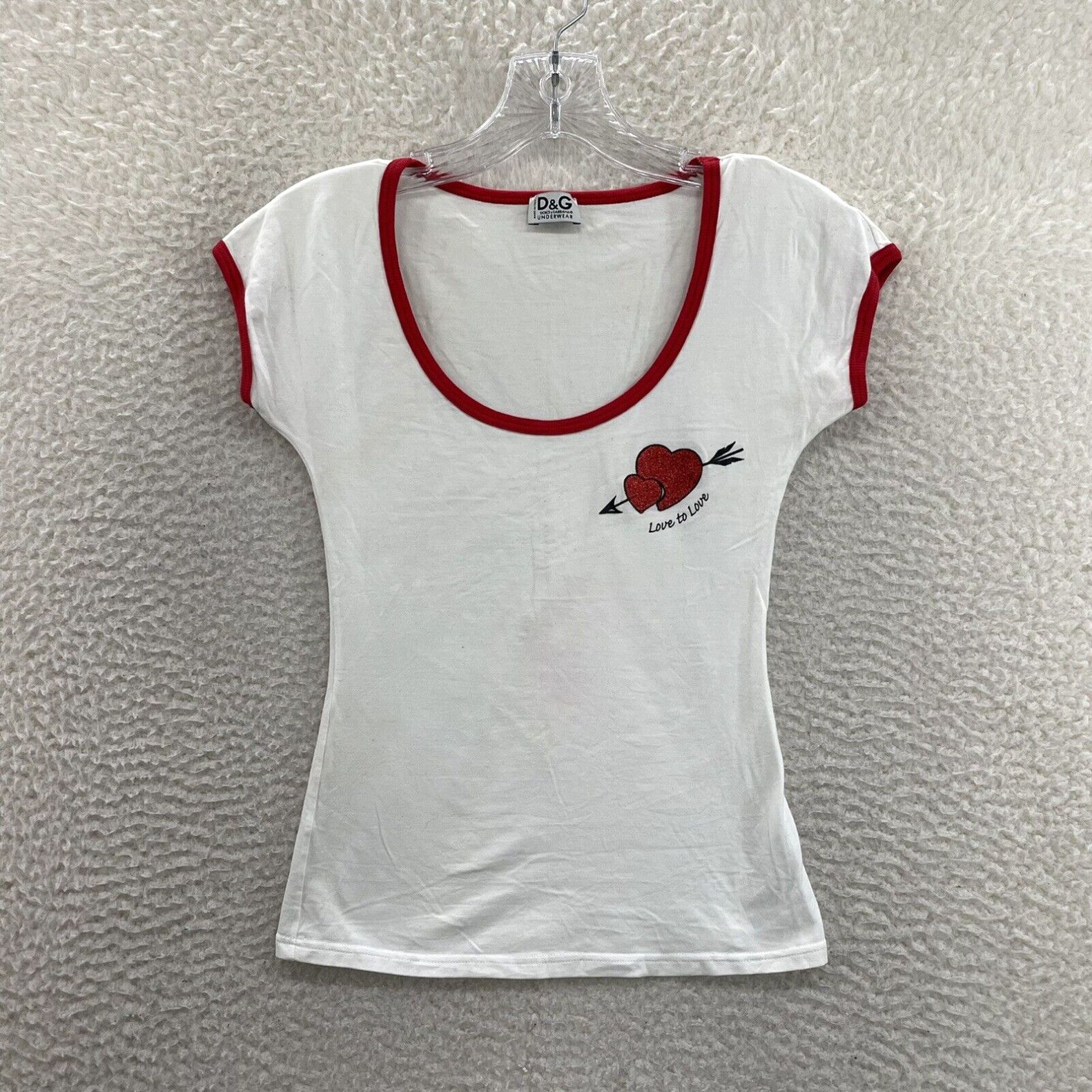 image of Dolce Gabbana D&g Dolce & Gabbana Designer White Love To Love Glitter Heart Scoop Neck Top Xs, Wome