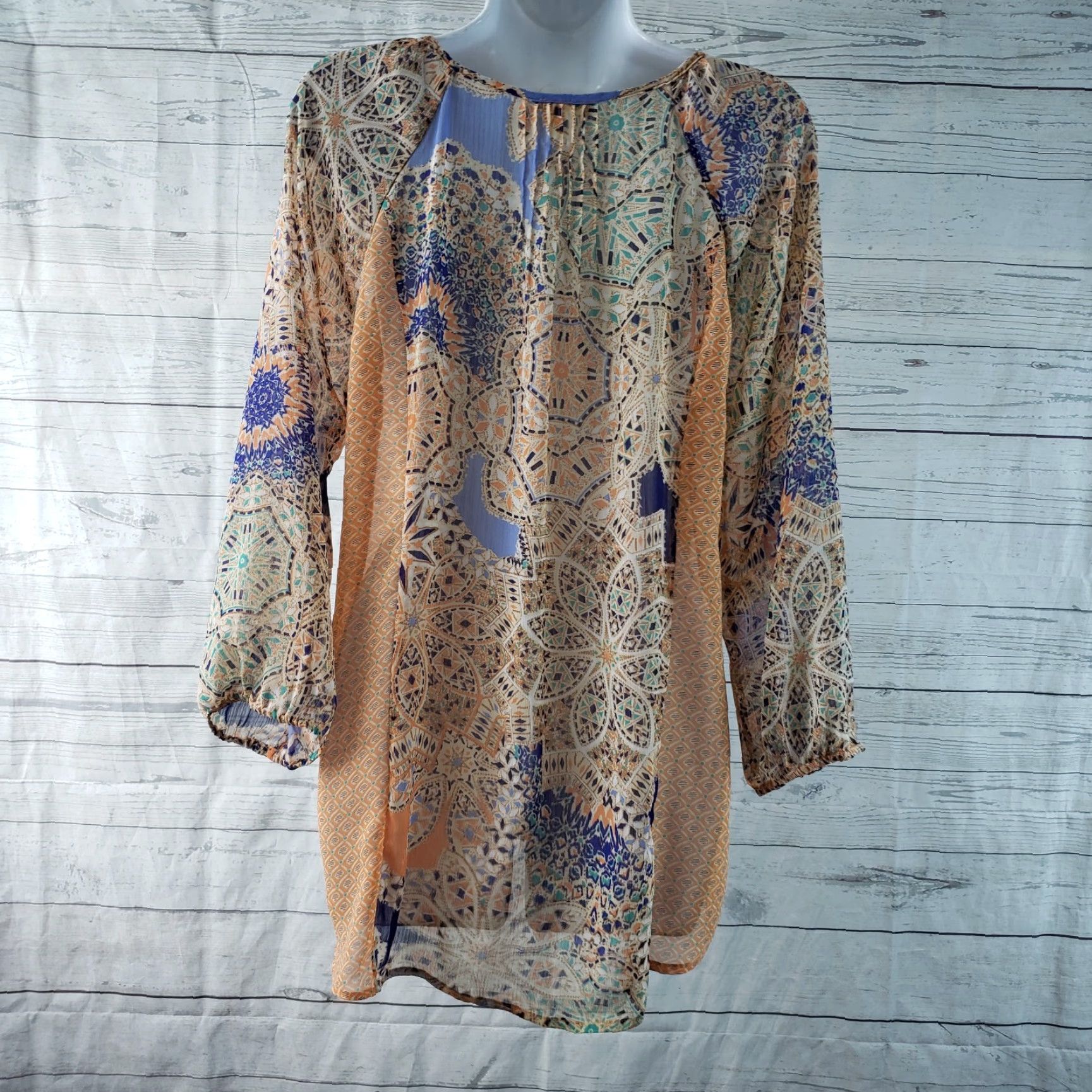 Vintage Meadow Rue Womens Top Blouse 3/4 Sleeve M Medium Orange Blue Floral Sheer Crochet Size M / US 6-8 / IT 42-44 - 4 Thumbnail