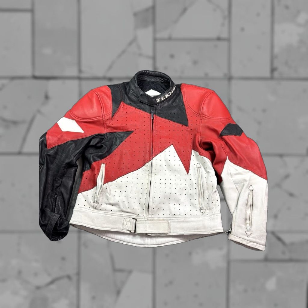 VINTAGE Teknic Motorcycle Jacket Mens 46 Leather Black Red White Armored Y2K Jacket