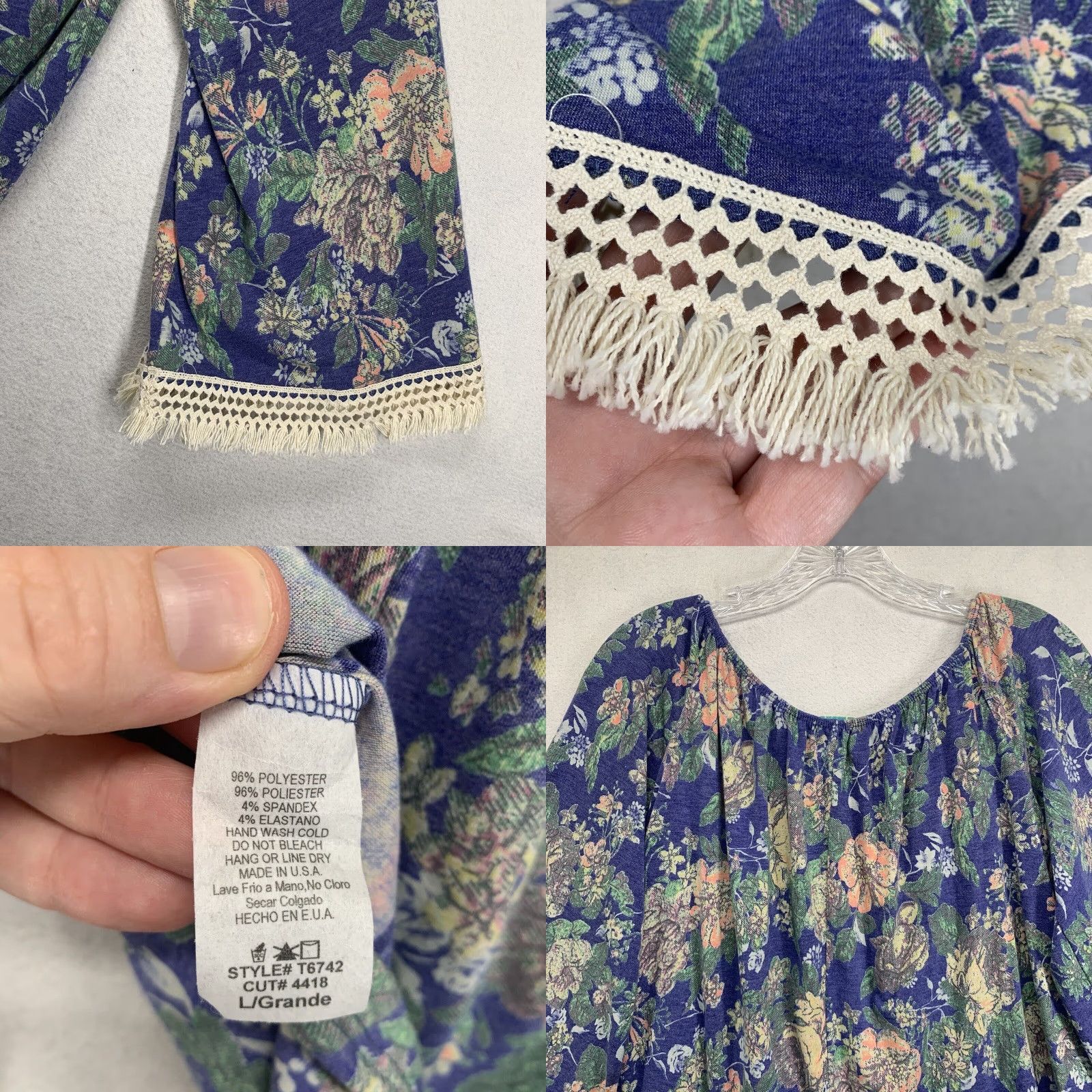 Bell VINTAGE Jules Blouse Shirt Boho Tunic Blue Floral 3/4 Bell Sleeve Crochet Embroidered USA Made Women L Size L / US 10 / IT 46 - 8 Thumbnail