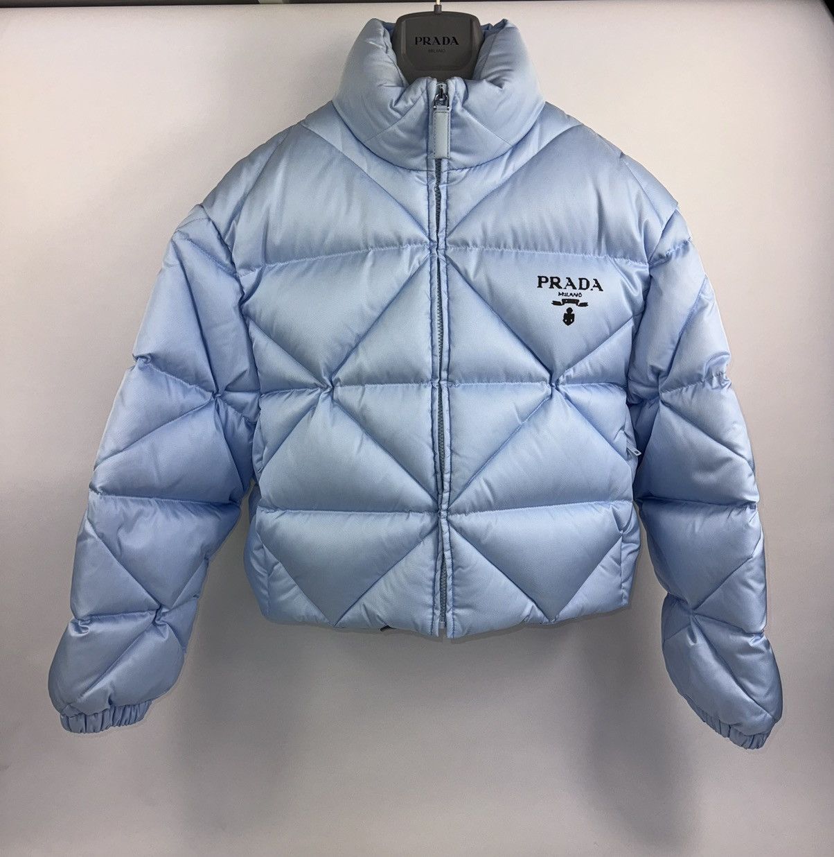 image of Prada Re-Nylon Cropped Down Jacket in Baby Blue, Women's (Size Small)