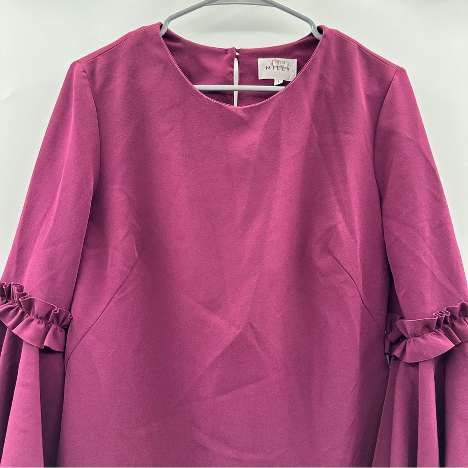 MILLY RTR Milly Cady Large Bell Ruffle Sleeve Wine Mini Dress Sz 8 Size M / US 6-8 / IT 42-44 - 4 Thumbnail