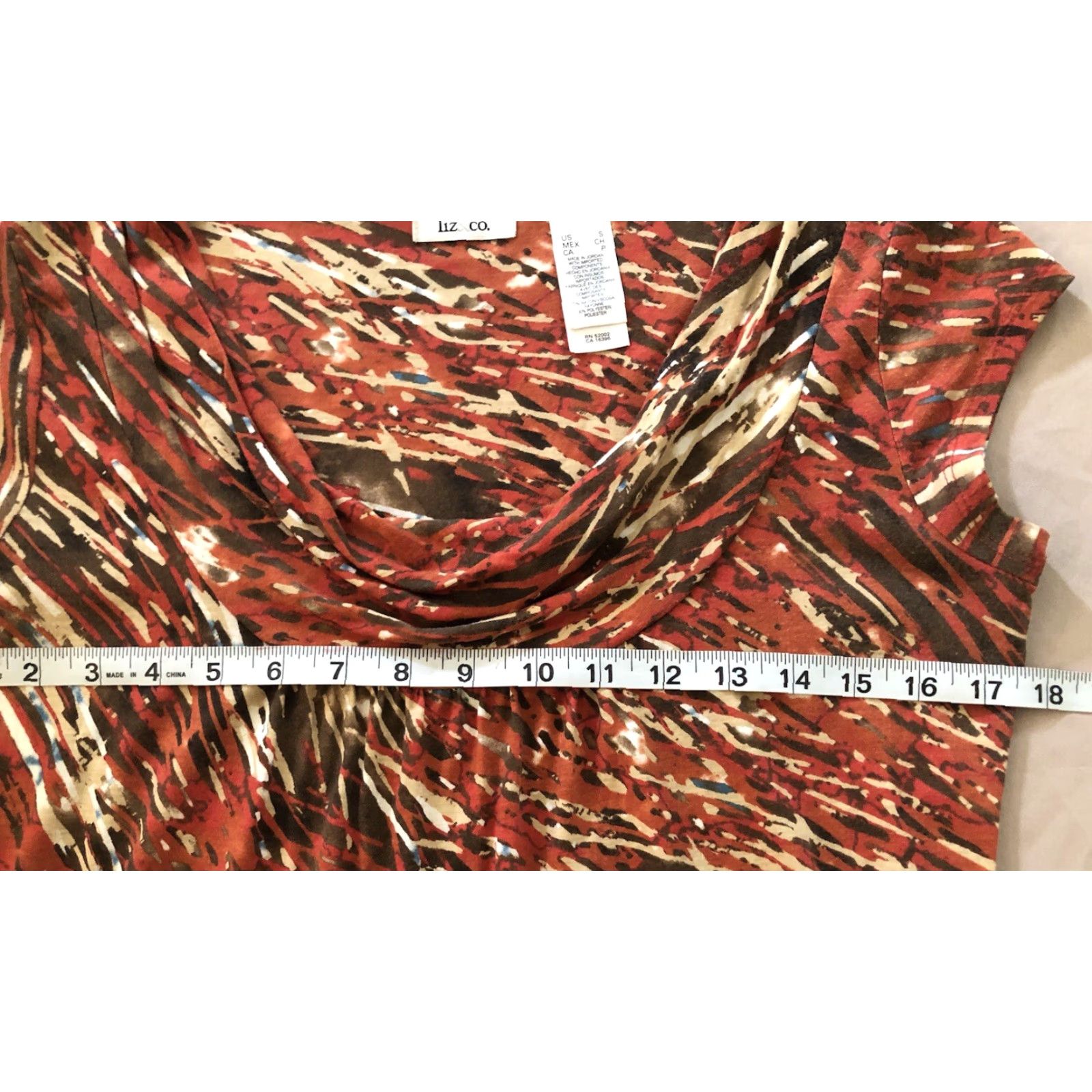 CO Liz & Co Scoop Cowl Draped Neck Top S Orange Geo Pleated Short Sleeve Bohemian Size S / US 4 / IT 40 - 5 Thumbnail