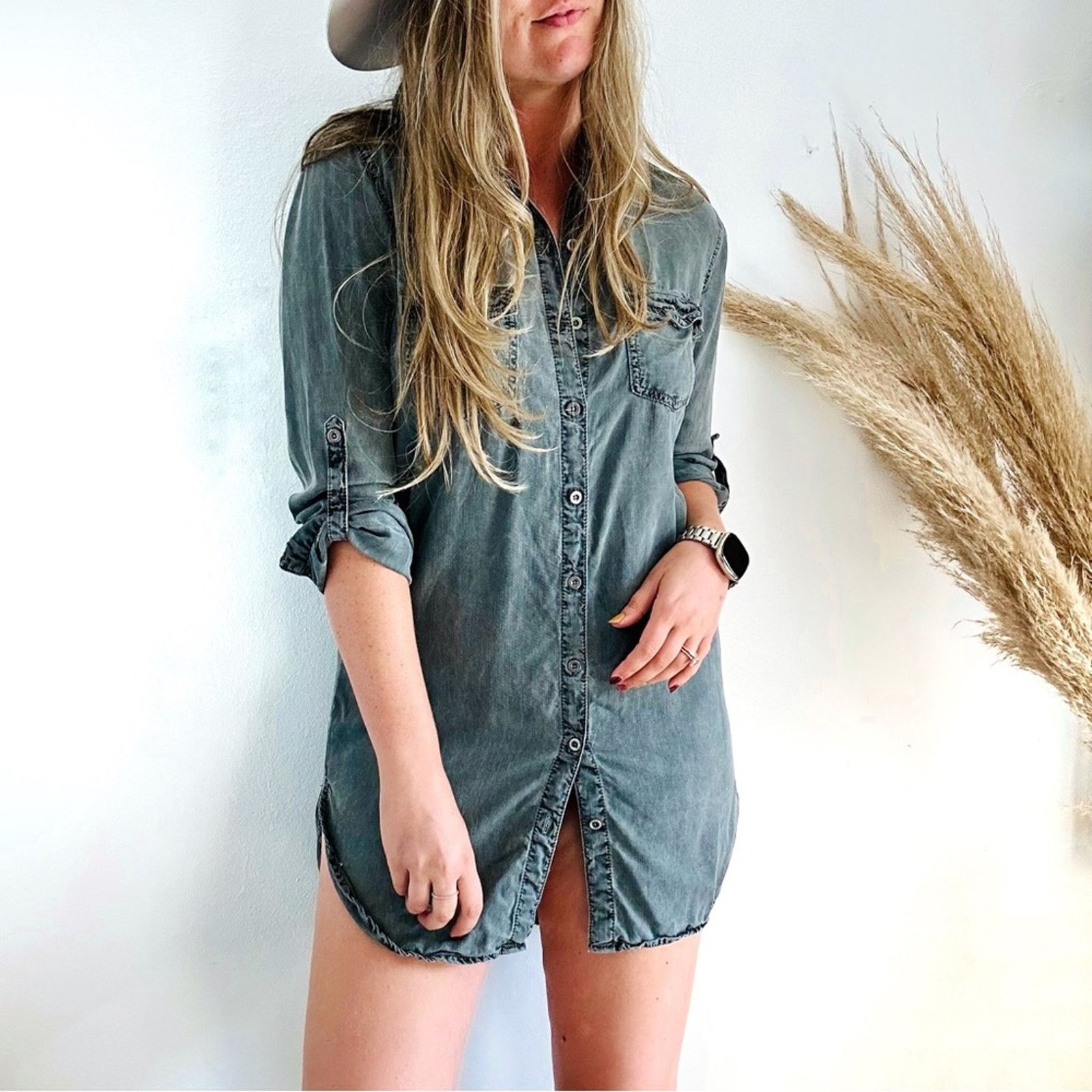 Urban Outfitters SNEAK Washed Black Grey Denim Button Mini Shirt Dress Tunic Size M / US 6-8 / IT 42-44 - 13 Thumbnail