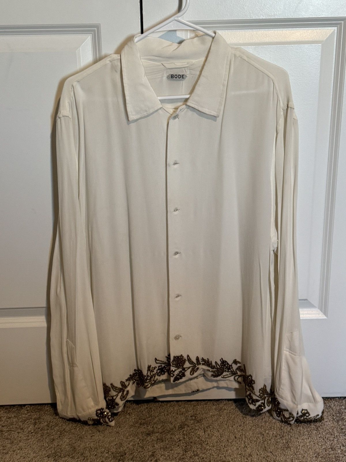 Bode Beaded Gold Wheat Flower Silk Shirt