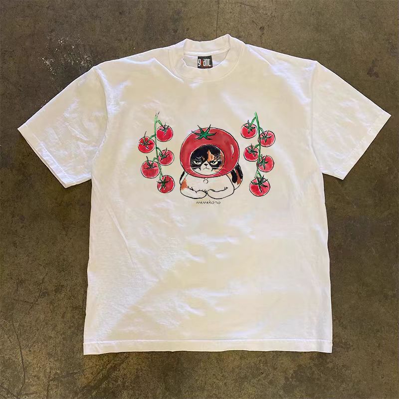 Japanese Brand × Vintage White washed street fashion retro tomato cat print t-shirt Size US L / EU 52-54 / 3 - 1 Thumbnail