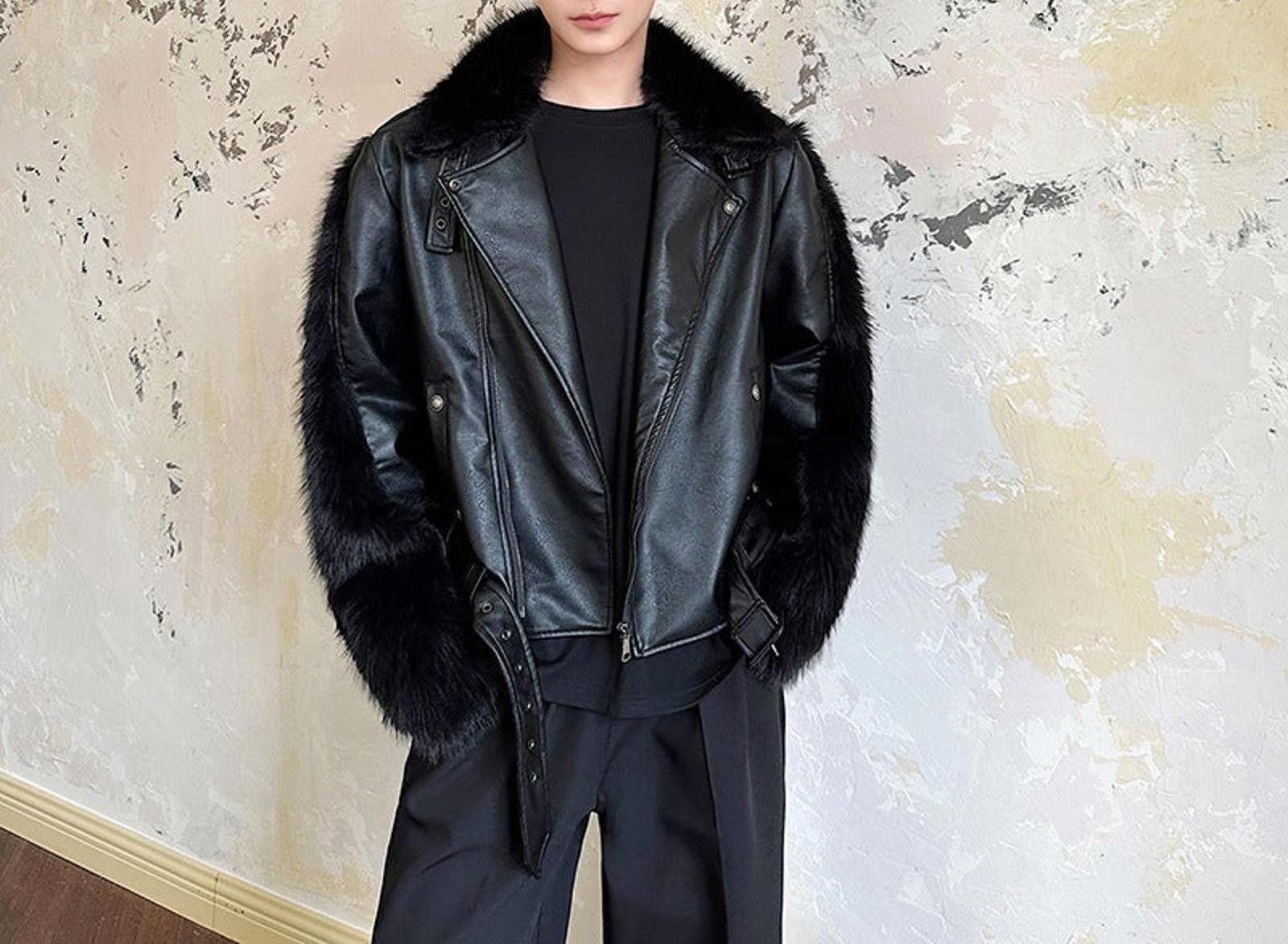 Leather Black Faux Leather Fur Trimmed Biker Jacket, Oversized Fit Size ONE SIZE - 1 Thumbnail
