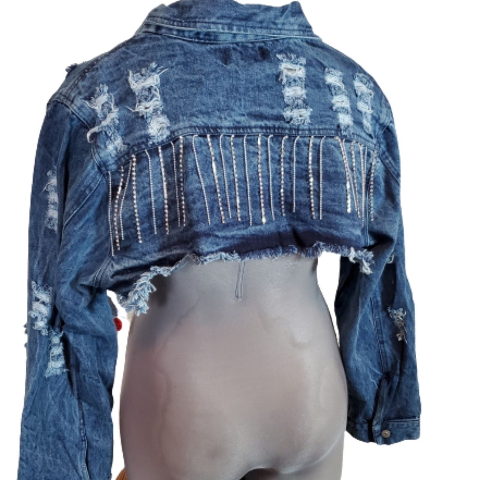 THRILLS DISRESSED ☆ RHINESTONE FRINGE ☆ DENIM SHRUG 2x ☆ NWT Size XXL / US 16-18 / IT 52-54 - 8 Thumbnail