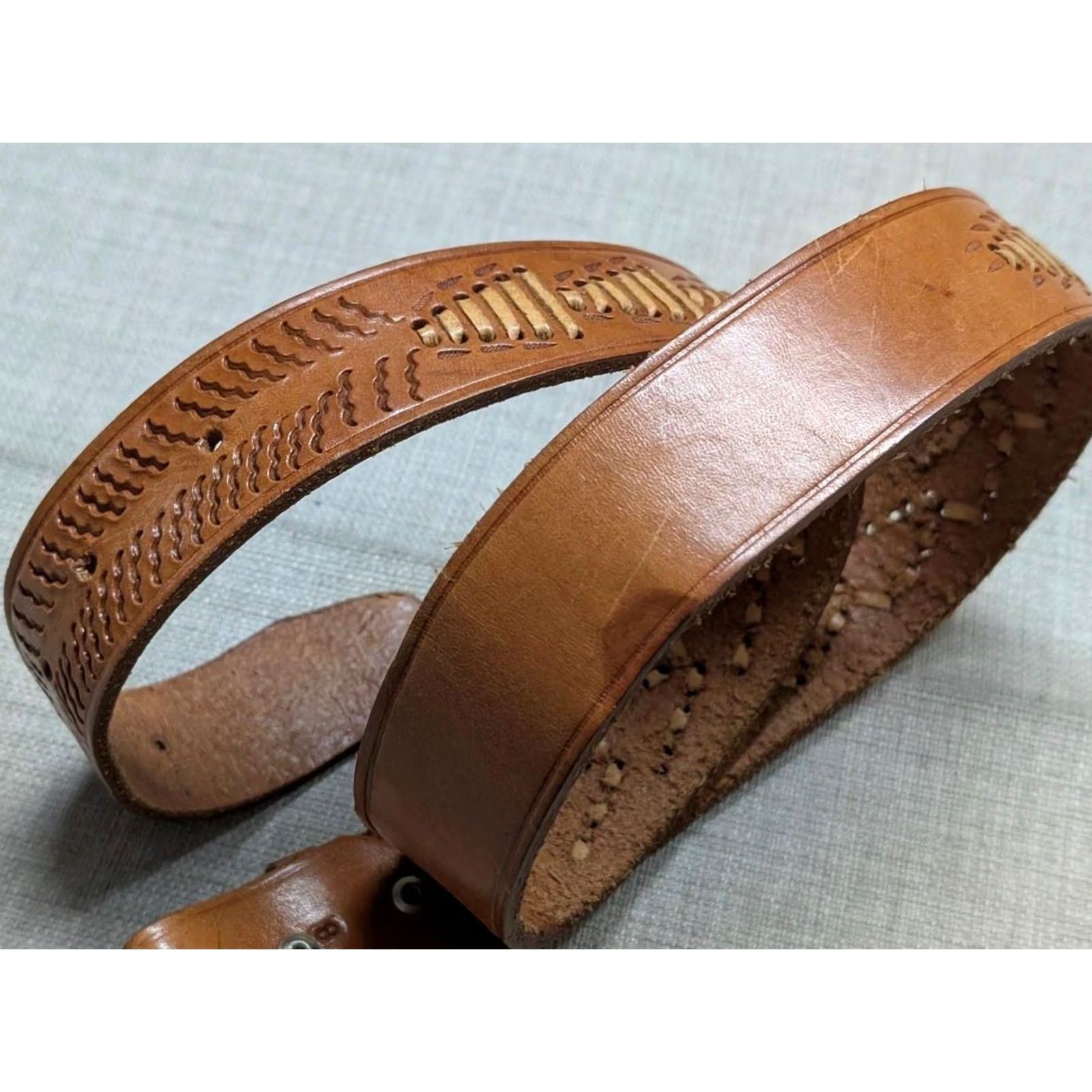 Vintage VINTAGE handcrafted tooled leather Western Belt 38 Mens Brown Weave Hippie 1970s Cowboy Boho Western Belt Mens Size 38 - 3 Thumbnail