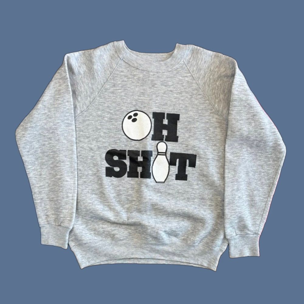 VINTAGE 80s Bowling Oh Sh*t Crewneck Sweatshirt Large Made In USA Mens Sweatshirt Gray Bowling 90s Sports Crew Neck Long Sleeve Pullover Size L