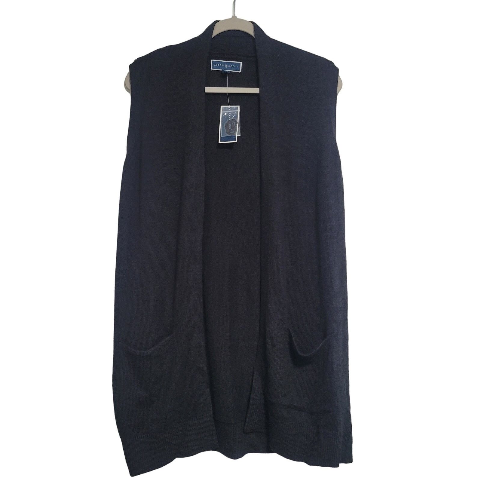 Designer NWT Karen Scott Black Duster Vest Cardigan Pockets Small Size S / US 4 / IT 40 - 1 Thumbnail