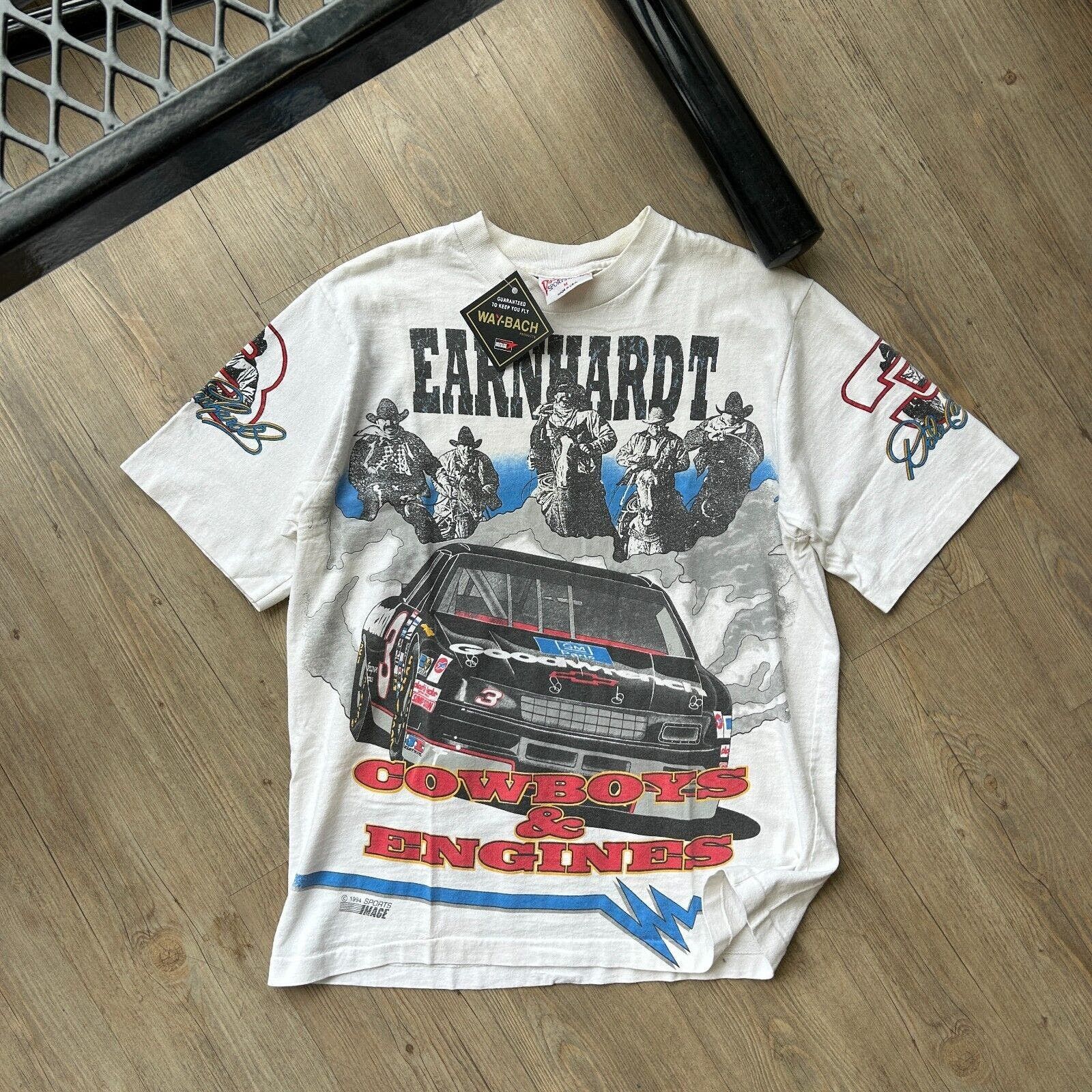 image of Nascar Vintage 90's Dale Earnhardt Cowboys & Engines Aop T-Shirt M in White, Men's (Size Medium)
