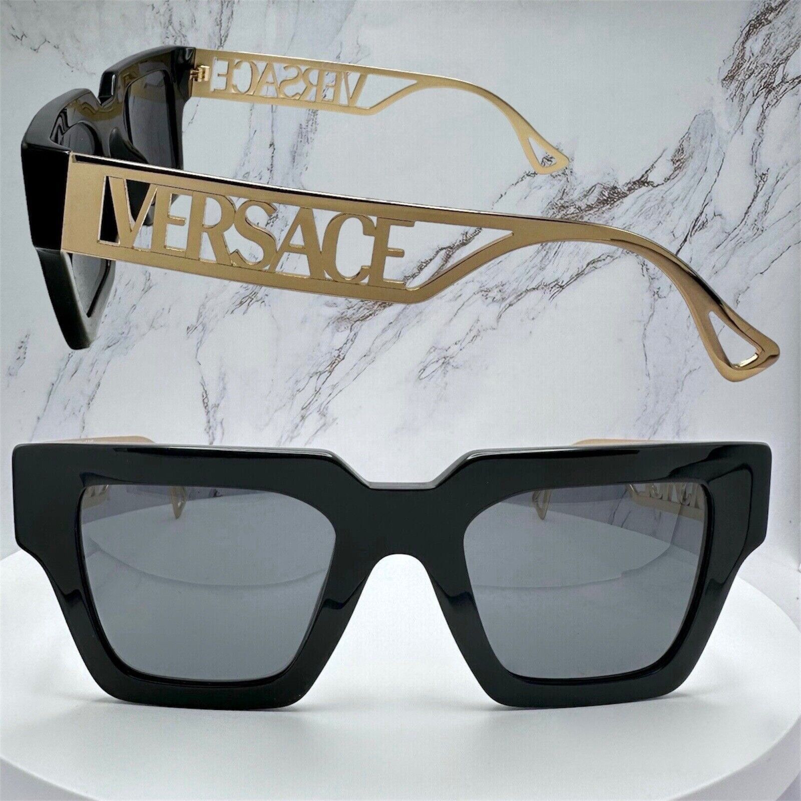 image of Versace Sunglasses Black Acetate Square Gold Metal, Men's