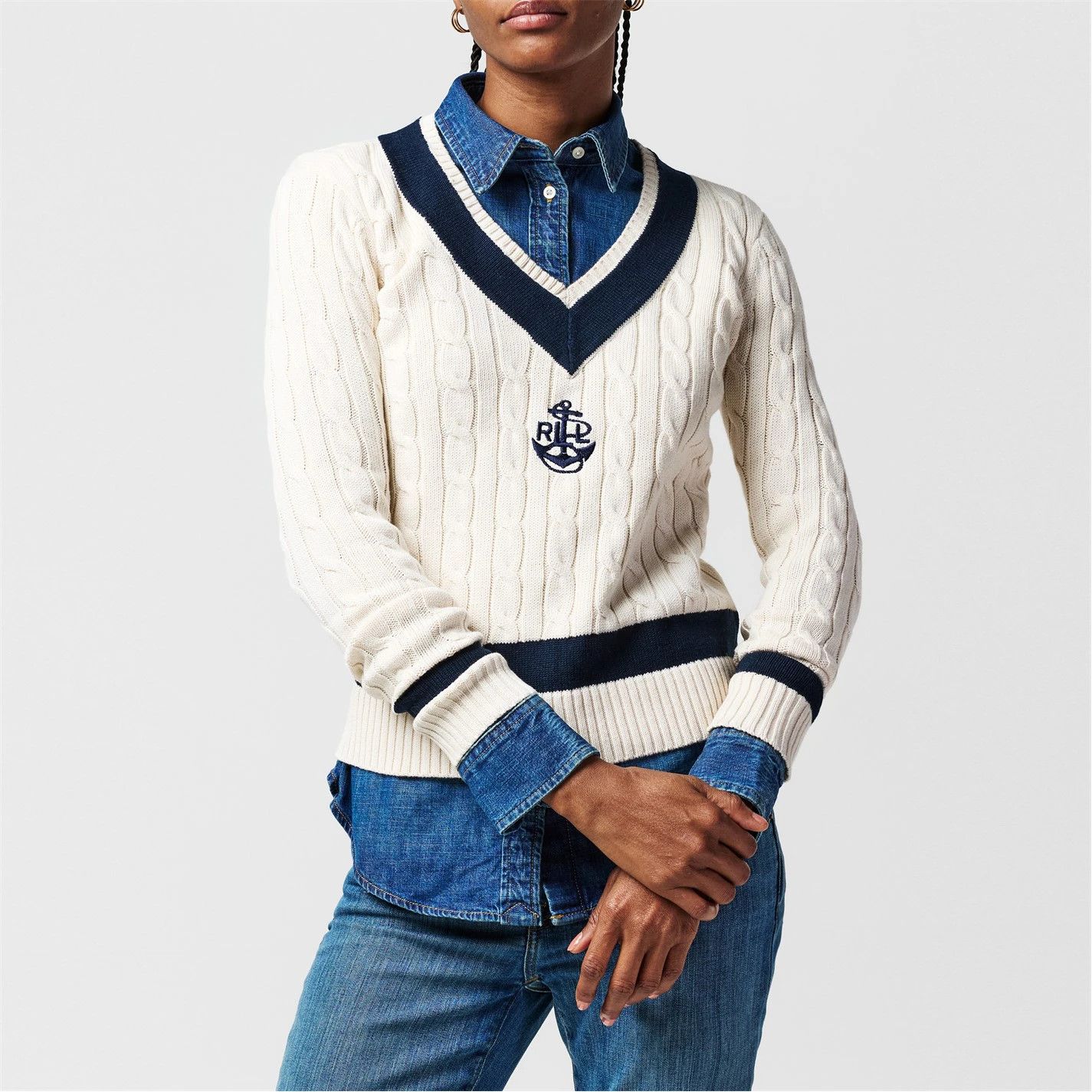Lauren Ralph Lauren o1g2r1mq0825 Cable Knit Jumper in Cream/Navy Size L / US 10 / IT 46 - 2 Thumbnail