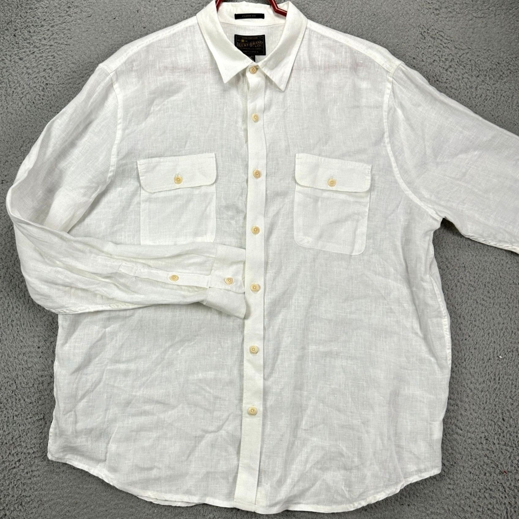Lucky Brand Lucky Brand Linen Shirt Button Up Mens XL White Classic Fit Pockets Casual Flap Pocket Solid Breathable Easy Care Long Sleeve Collar-Up Shirt Size US XL / EU 56 / 4 - 2 Thumbnail