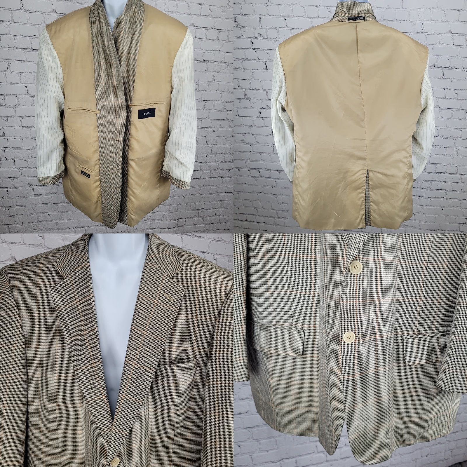 Vintage VINTAGE Haspel Cream Black Silk Wool Houndstooth Sport Coat Blazer Size 46R Mens Size 46R - 8 Thumbnail