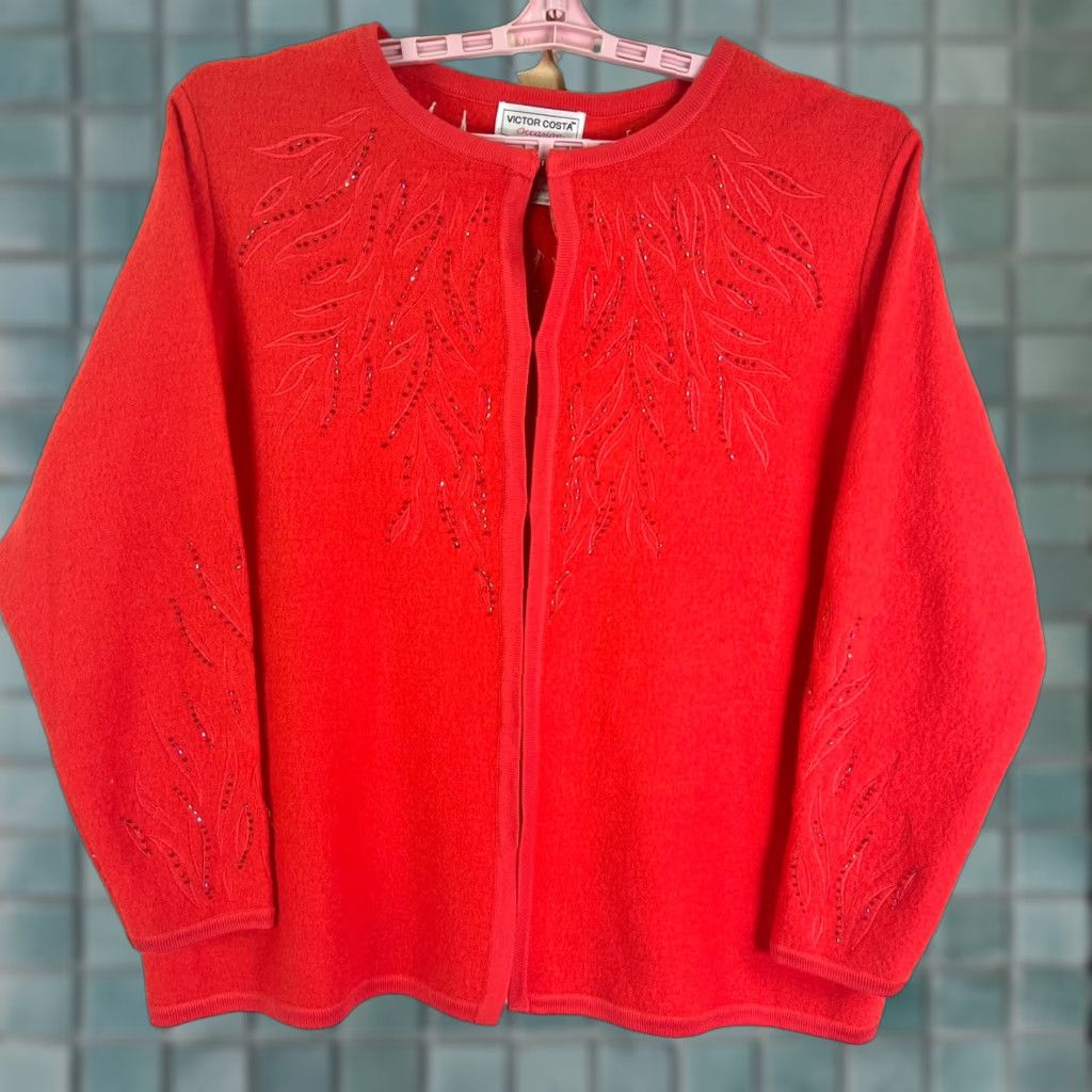 Vintage VINTAGE Victor Costa Cardigan Sweater Womens 1X Orange 100% Wool Embellished Embroidered Womens Cardigan 90s Style Size XL / US 12-14 / IT 48-50 - 1 Thumbnail
