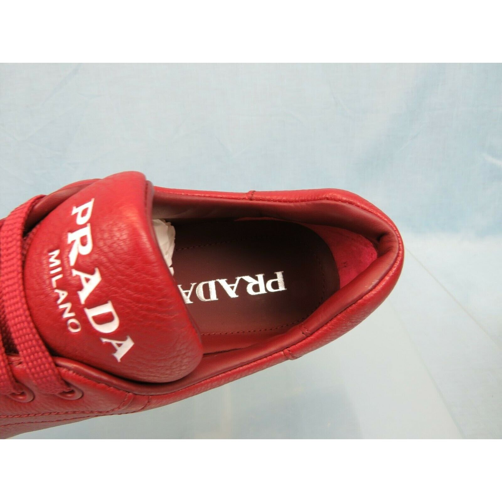 Prada 4E3507 RED TEXTURED LEATHER LOGO LOW TOP SNEAKERS 7.5 Size US 8.5 / EU 41-42 - 12 Thumbnail