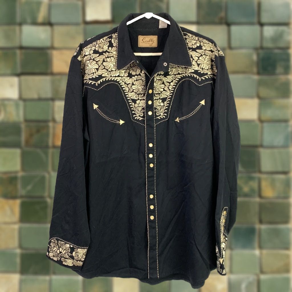 Scully VINTAGE Scully Embroidered Black Gold Floral Pearl Snap Rodeo Shirt XL Size US XL / EU 56 / 4 - 1 Thumbnail