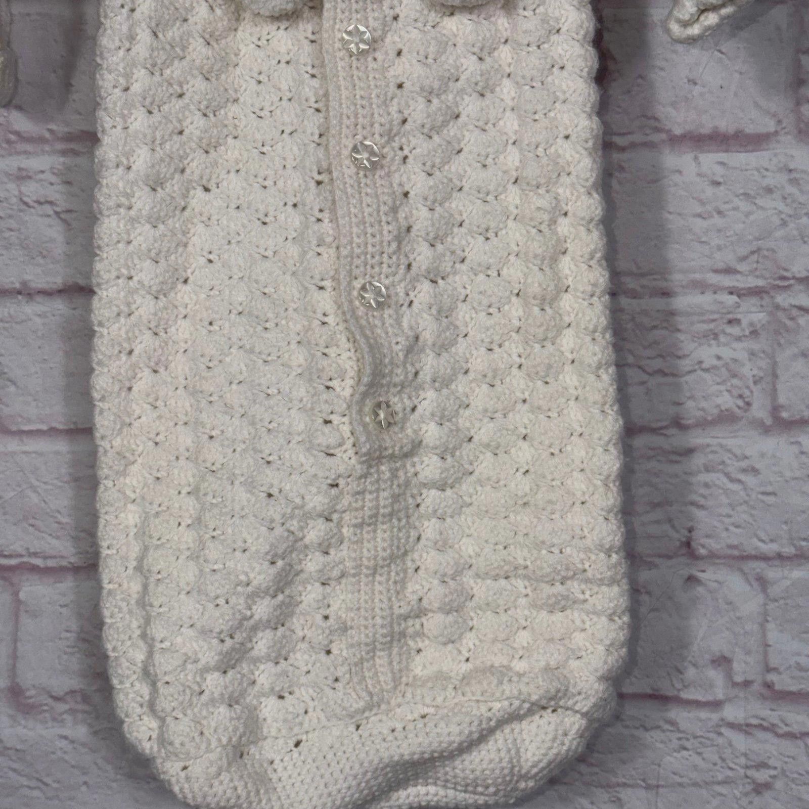 Other Handmade Crochet Baby Bunting with Hood and Pom Poms 0-6 Mos Size ONE SIZE - 3 Thumbnail