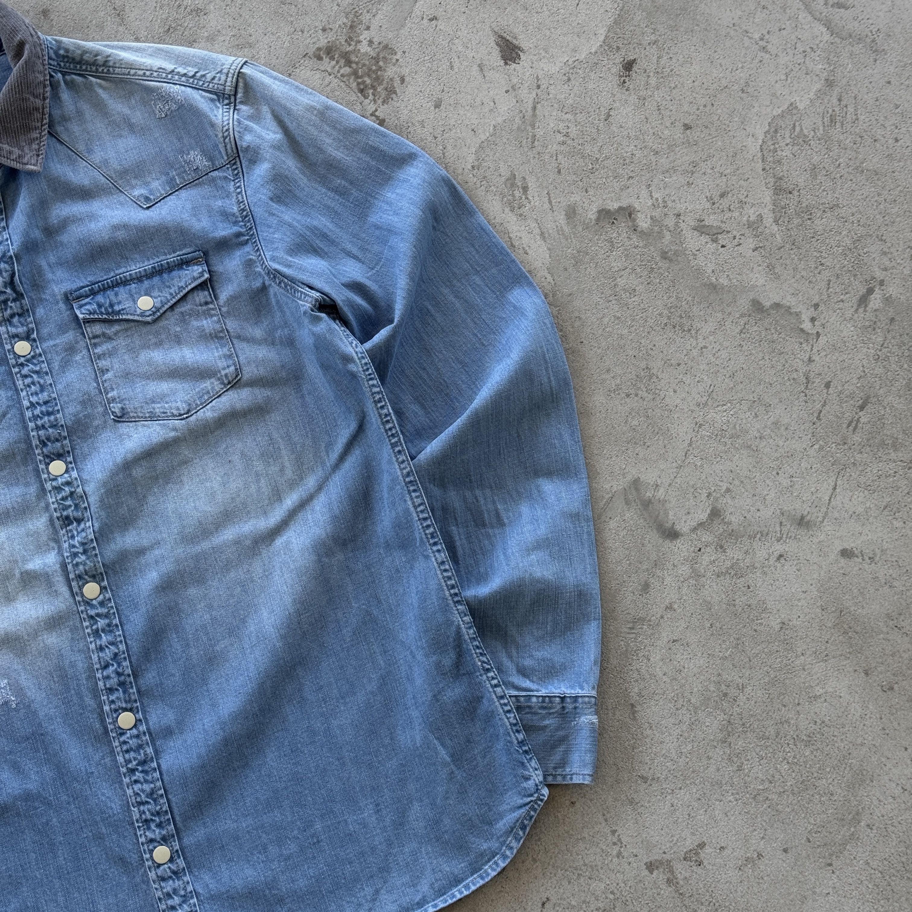 Allsaints AllSaints Blue Denim Western Shirt Corduroy Collar Medium Size US M / EU 48-50 / 2 - 2 Thumbnail