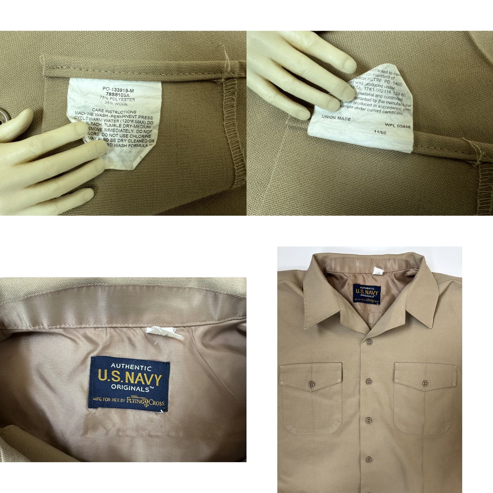 Vintage US Navy Flying Cross Shirt Men Large Khaki Wool Blend Short Sleeve Union Made Size US L / EU 52-54 / 3 - 9 Thumbnail