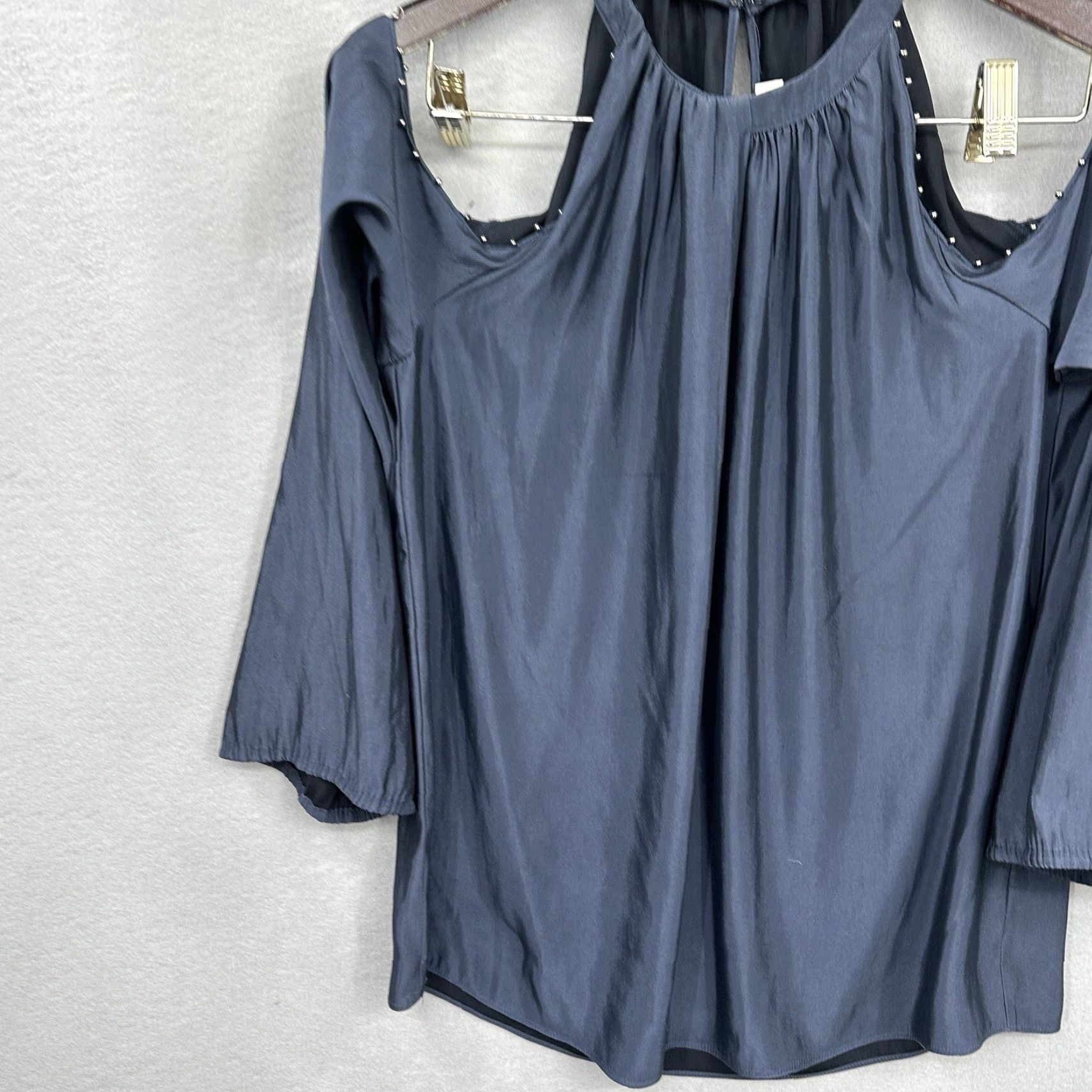 Ramy Brook Ramy Brook Blouse Candice Womens Small Cold Shoulder Beaded Satin Polyester Blue Solid Designer Quiet Luxury READ Size S / US 4 / IT 40 - 3 Thumbnail