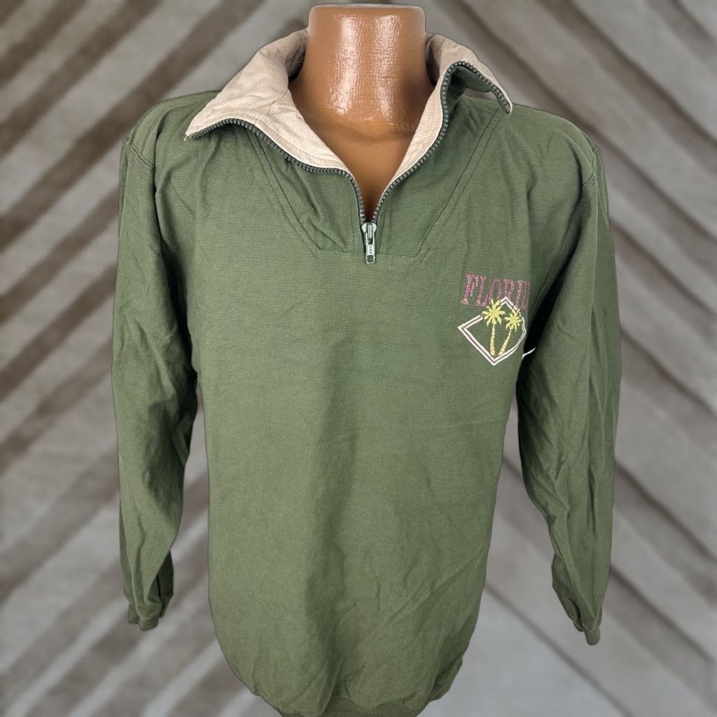 Vintage VINTAGE Oneita Sweatshirt 1/4 Zip Pullover M Adults Green Olive 90s Slim Fit Knit Cotton Size US M / EU 48-50 / 2 - 1 Thumbnail