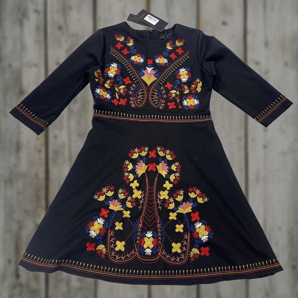 Vintage Flowers NWT Lai Meng Five Cats Women's L Cocktail Dress Black Embroidered Floral Sleeve Long Knee Length Party/Cocktail Dress Size L / US 10 / IT 46 - 1 Thumbnail